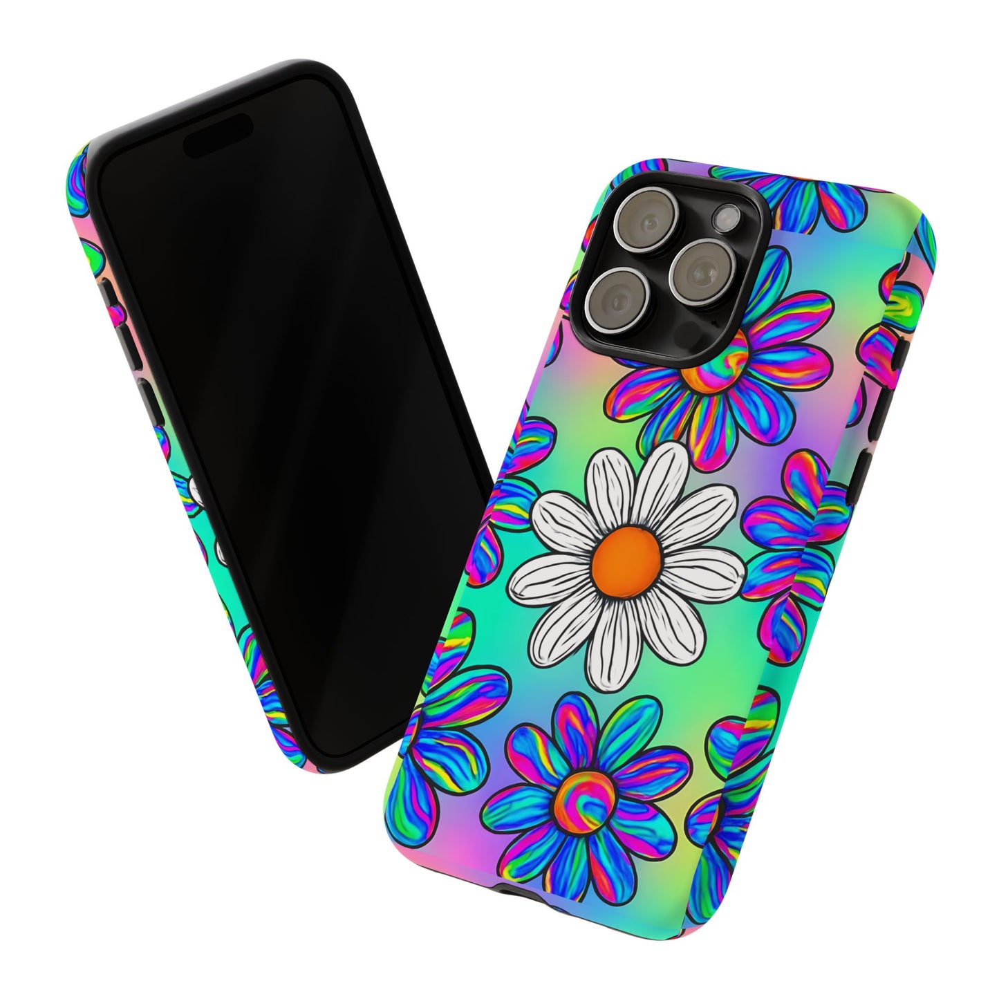 Trippy Daisy Tough Phone Case - Psychedelic Floral Design, Colorful Retro Aesthetic, Compatible with iPhone, Galaxy, and Google Phones