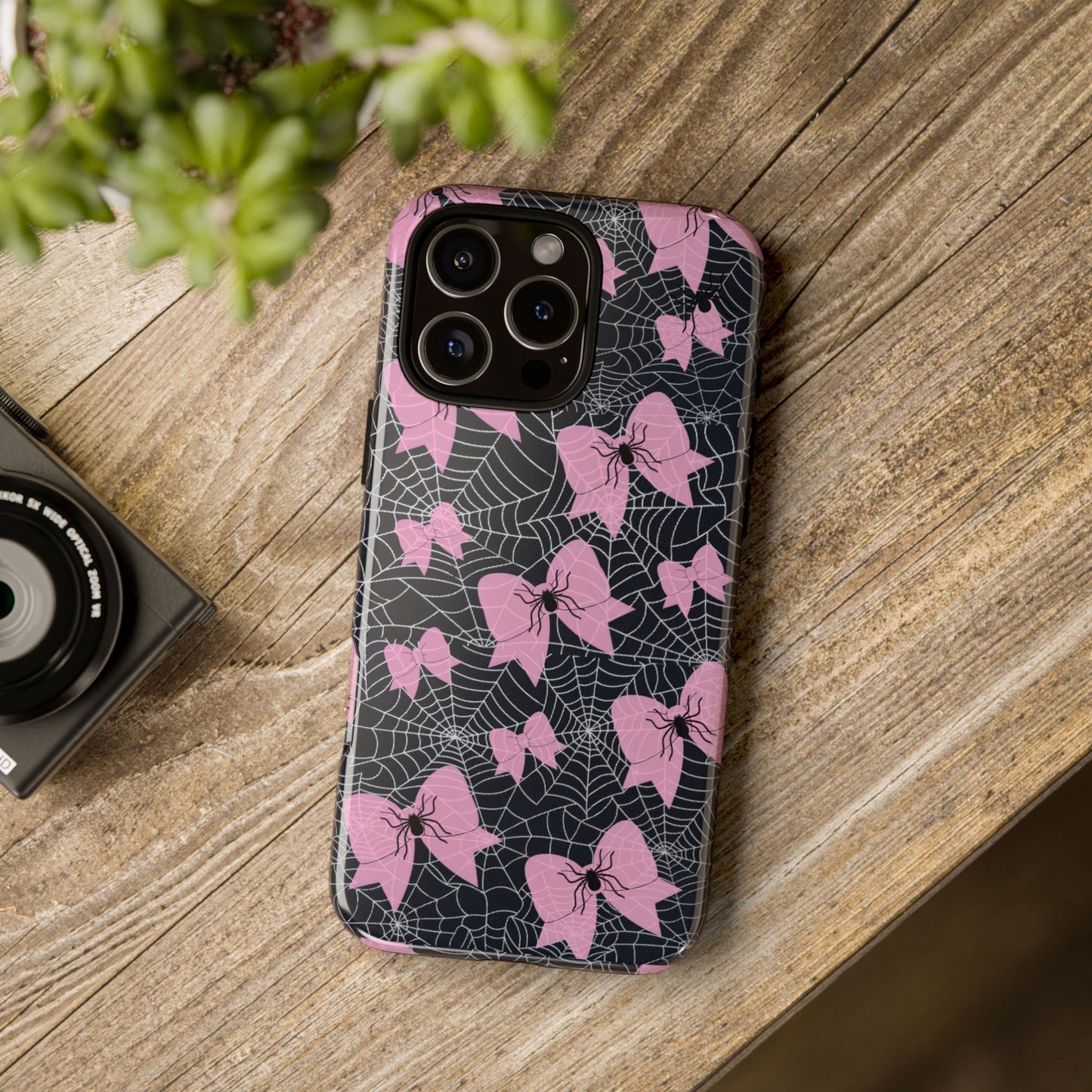 Pink Spider Bow Phone Case, Goth Coquette Spiderweb Phone Cover Creepy Cute Halloween Aesthetic Case Spooky Glam Girl Accessory for Alt Fans