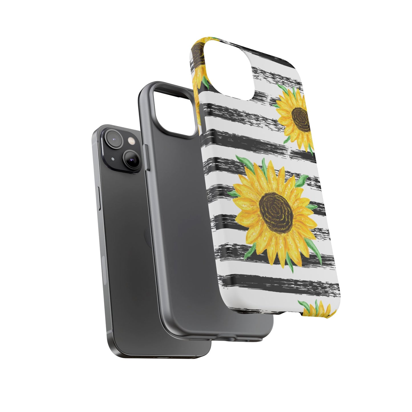 Sunflower Tough Phone Case - Bright Yellow Floral Art, Black and White Striped Aesthetic, Compatible with iPhone, Galaxy, and Google Phones