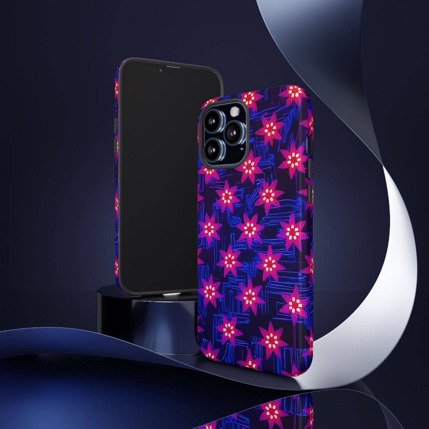 Neon Flower Tough Phone Case - Trippy Dark Floral Art, Electric Glow Aesthetic, Compatible with iPhone, Galaxy, and Google Phones