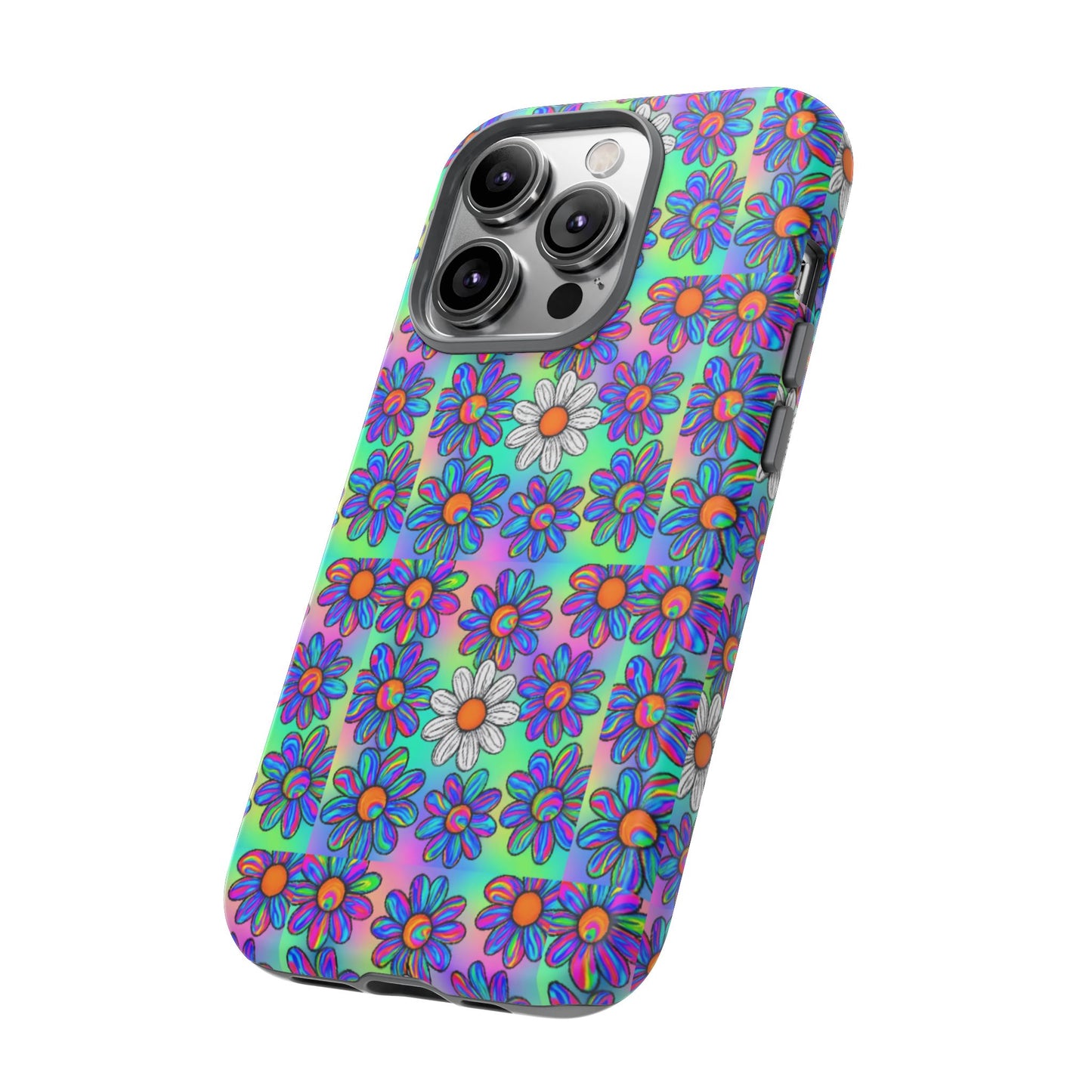 Trippy Daisy Tough Phone Case - Psychedelic Floral Aesthetic, Colorful Groovy Design, Compatible with iPhone, Galaxy, and Google Phones