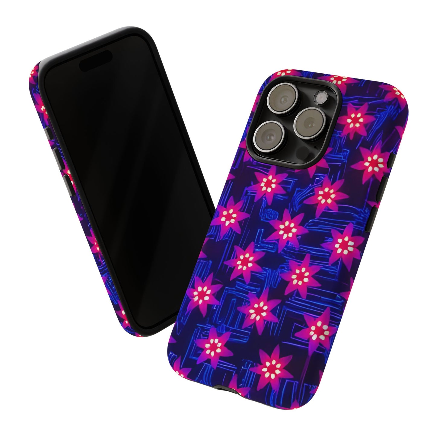 Neon Flower Tough Phone Case - Trippy Dark Floral Art, Electric Glow Aesthetic, Compatible with iPhone, Galaxy, and Google Phones