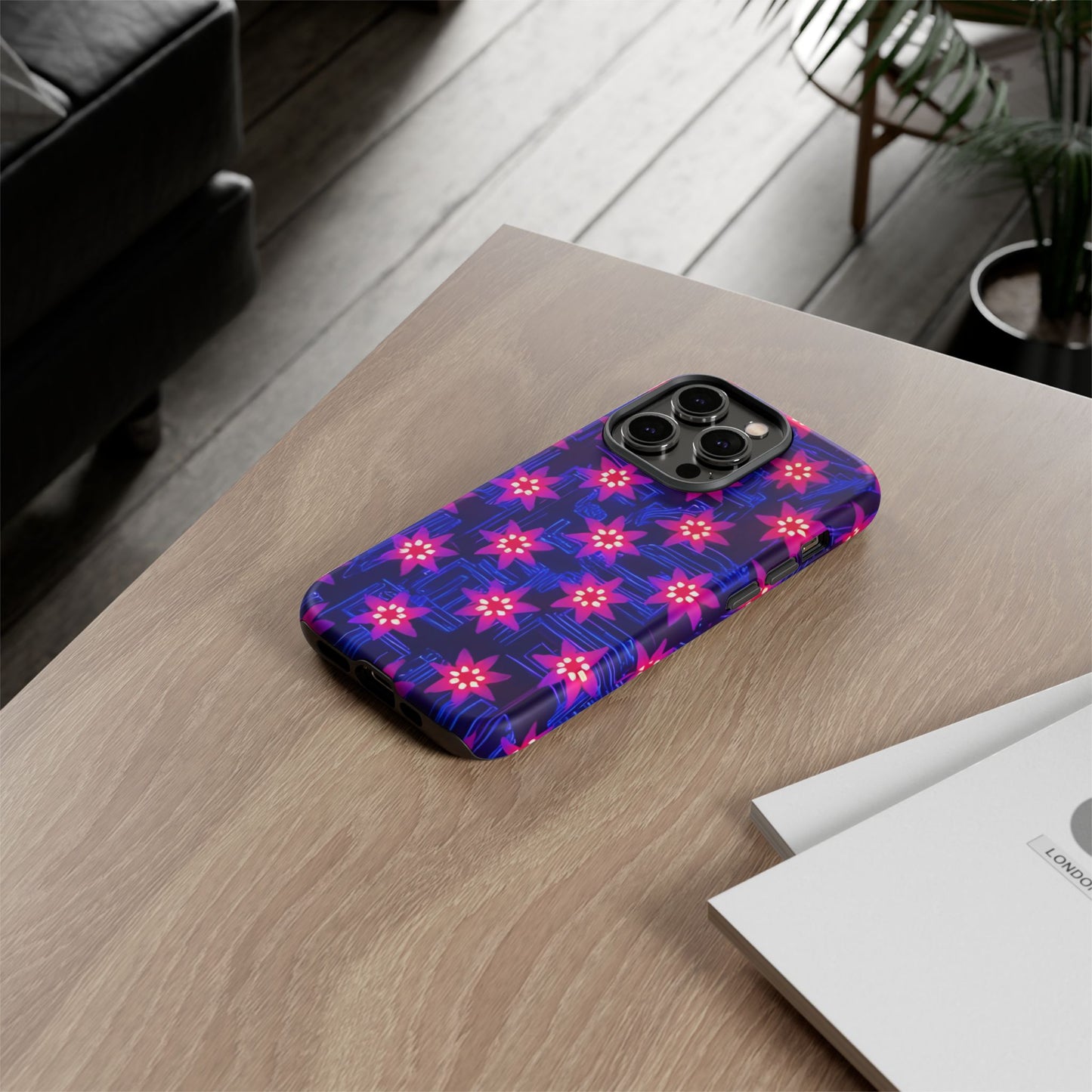 Neon Flower Tough Phone Case - Trippy Dark Floral Art, Electric Glow Aesthetic, Compatible with iPhone, Galaxy, and Google Phones