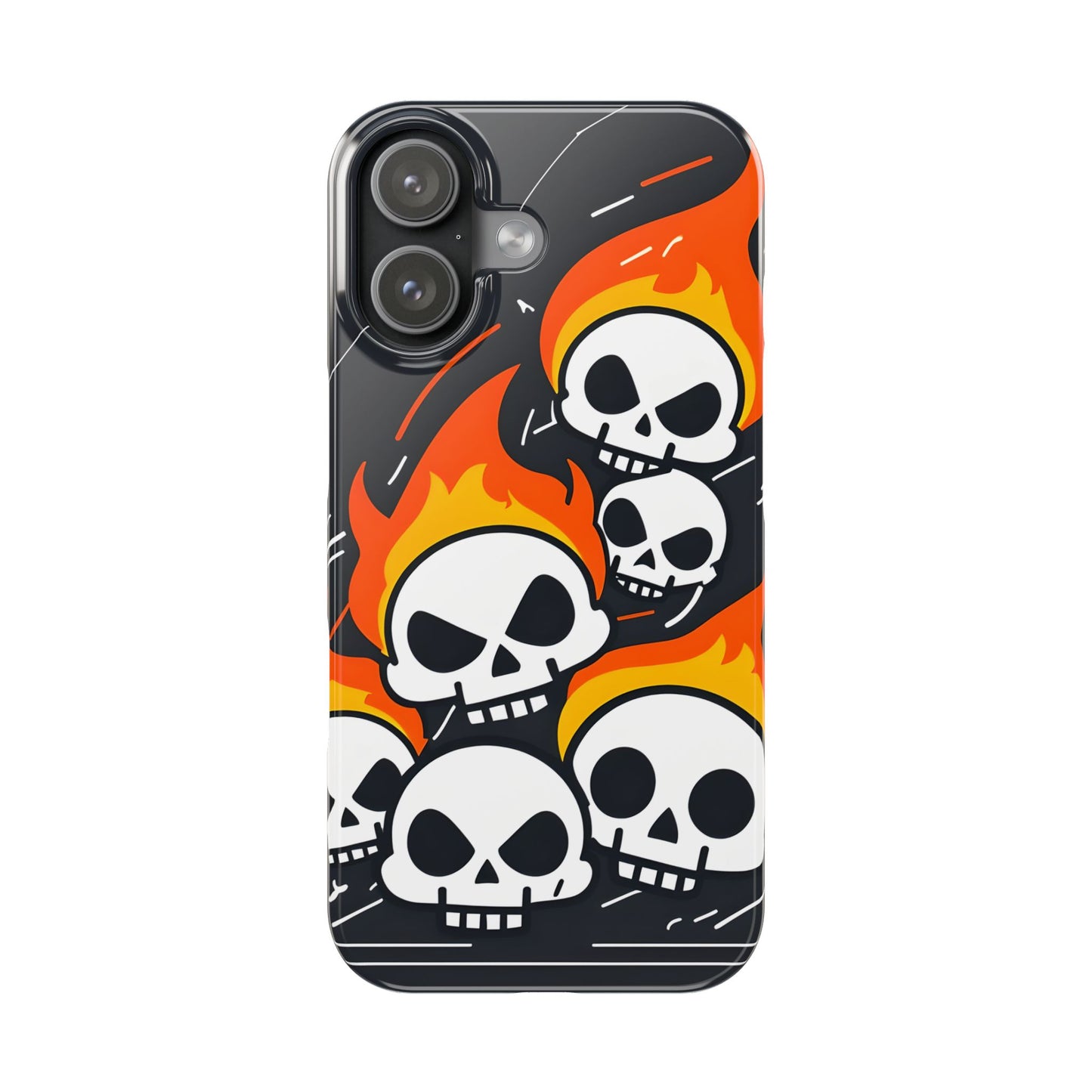 Flaming Skulls Slim Phone Case, Y2K Alt Halloween Aesthetic, Creepy Cute Cartoon Style, Stylish Music Lovers, Perfect Gift for Halloween