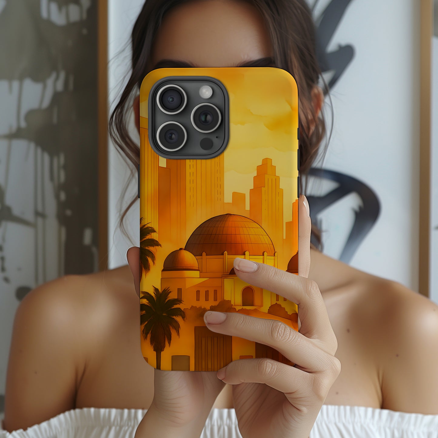 Cityscape Tough Phone Case, Los Angeles Skyline Phone Cover, Watercolor Design Compatible with iPhone, Galaxy & Google