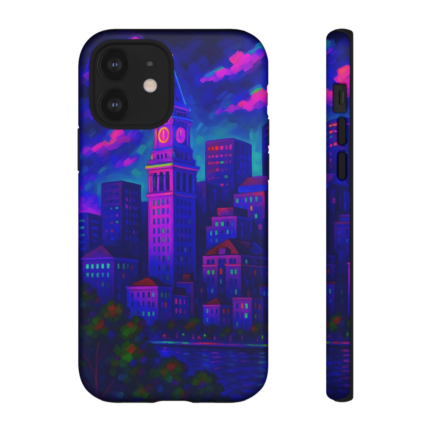Boston Cityscape Tough Phone Case, Neon Night Skyline, Sunset Tower View Watercolor Urban Art, Compatible with iPhone, Galaxy, Google Phones