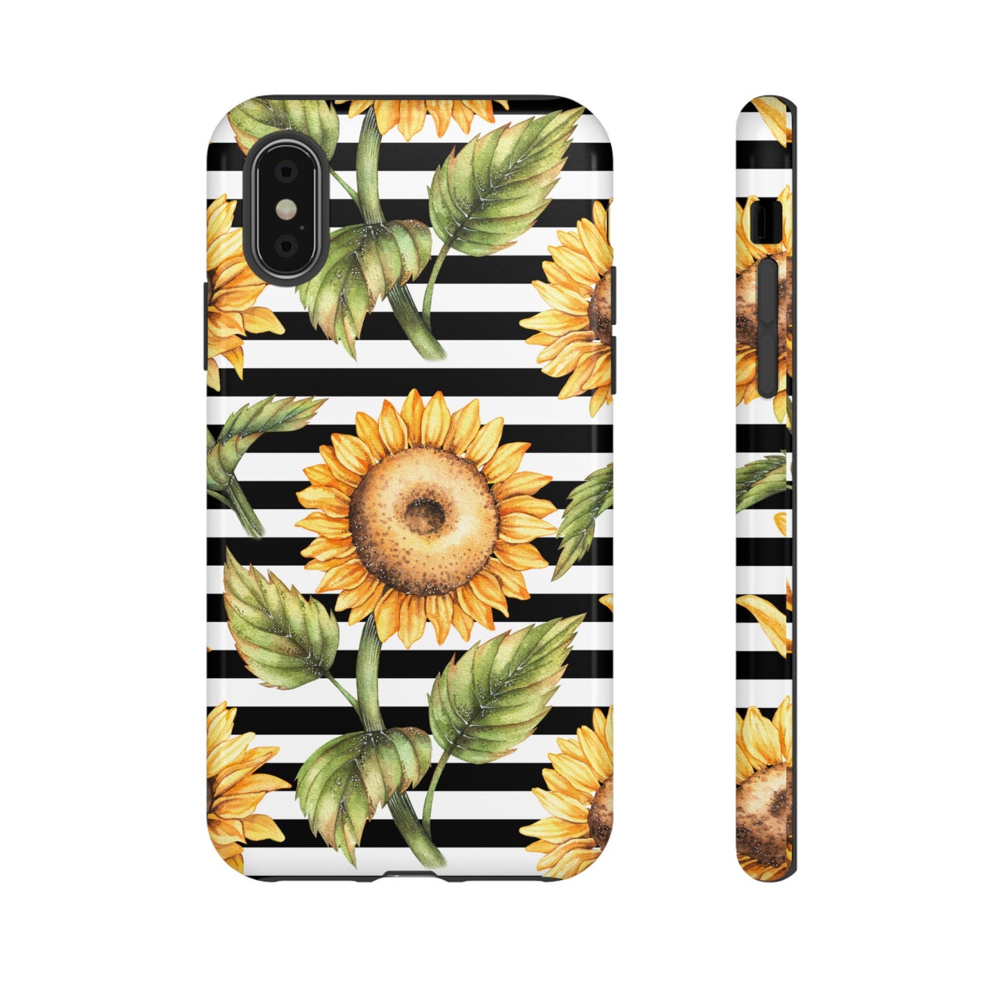 Sunflower Tough Phone Case - Bold Yellow Floral Art, Black and White Striped Aesthetic, Compatible with iPhone, Galaxy, and Google Phones