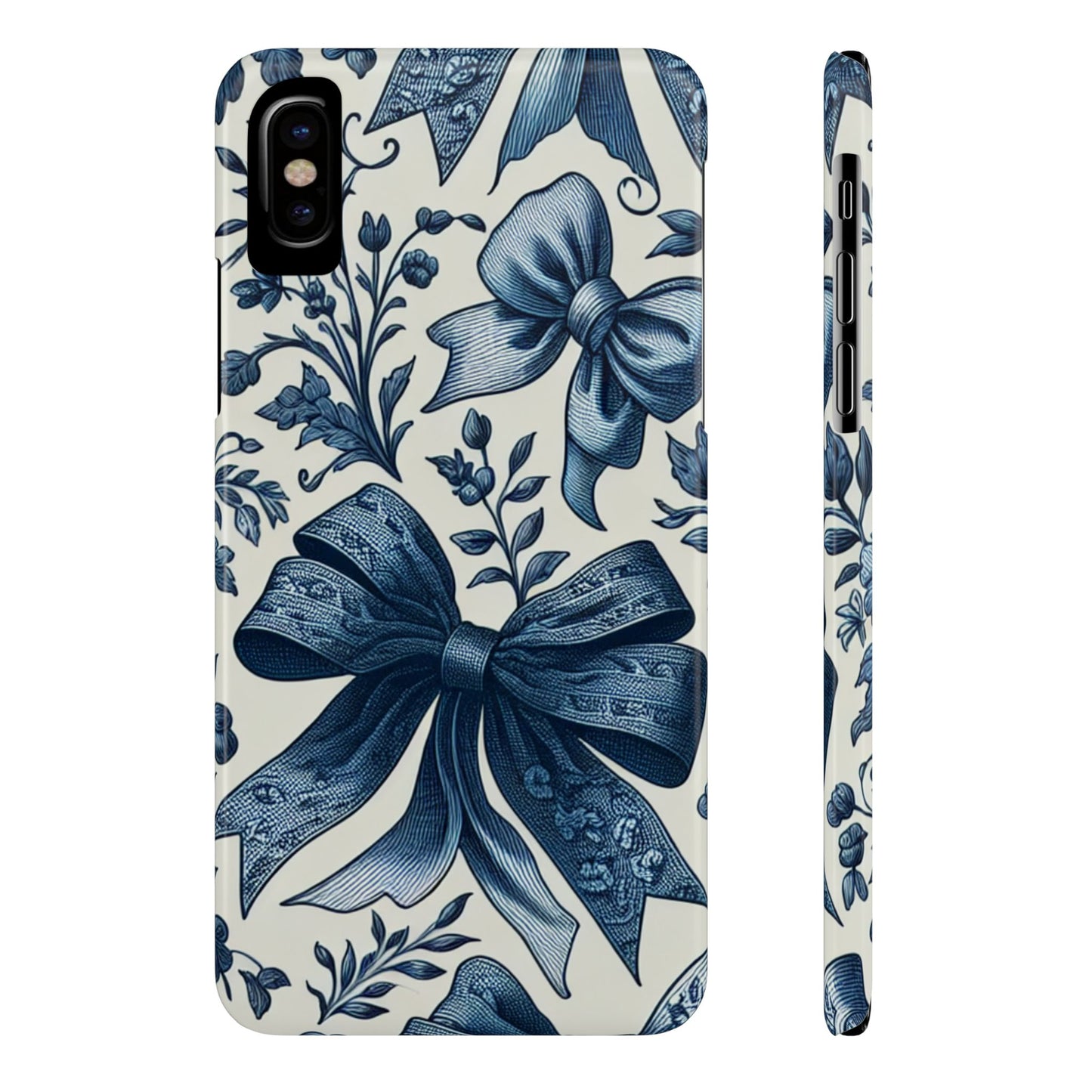 Elegant Floral Bow Slim Phone Case, Blue Flower Phone Cover, Gift for Her, Stylish Tech Accessory, Wedding Gift, Floral Design