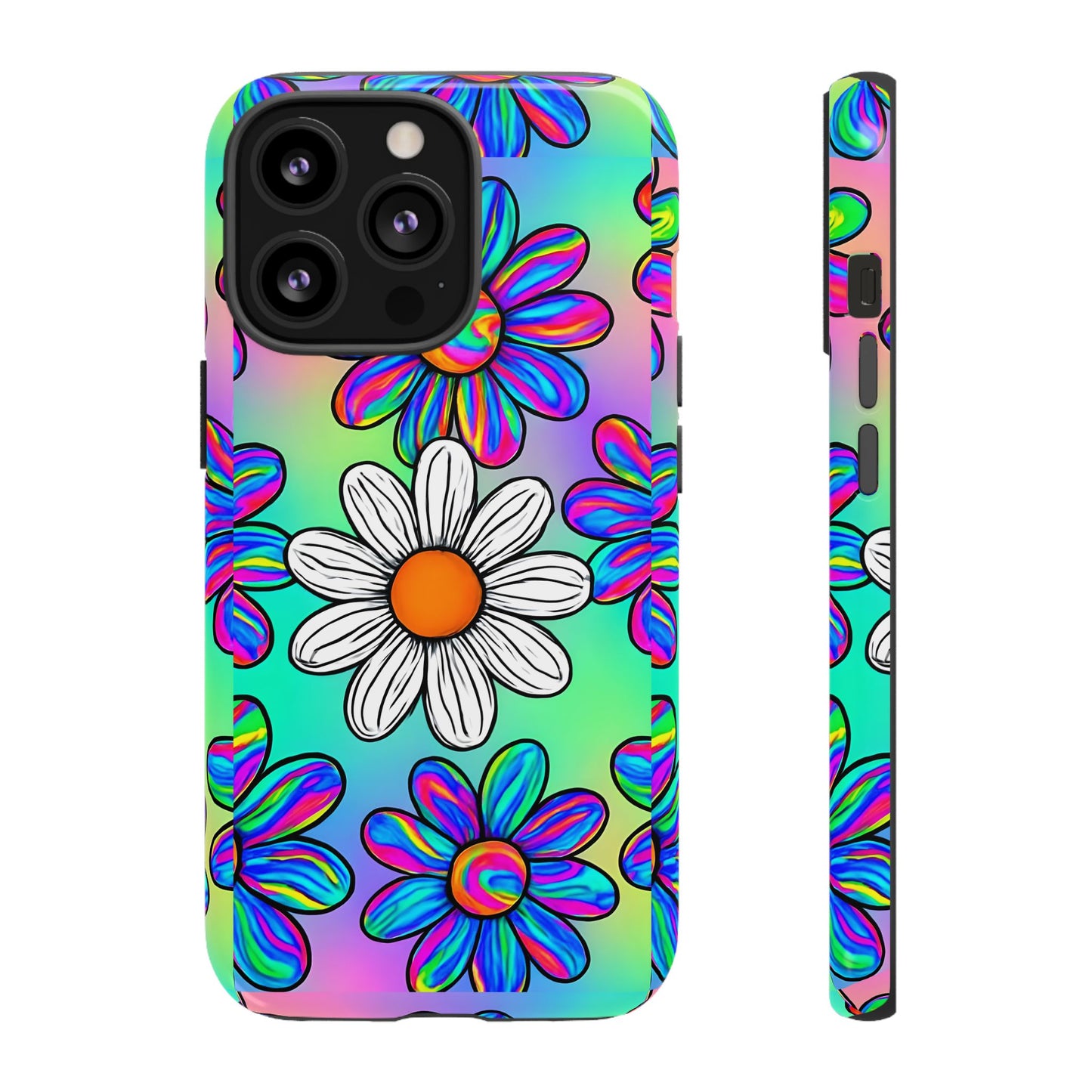 Trippy Daisy Tough Phone Case - Psychedelic Floral Design, Colorful Retro Aesthetic, Compatible with iPhone, Galaxy, and Google Phones
