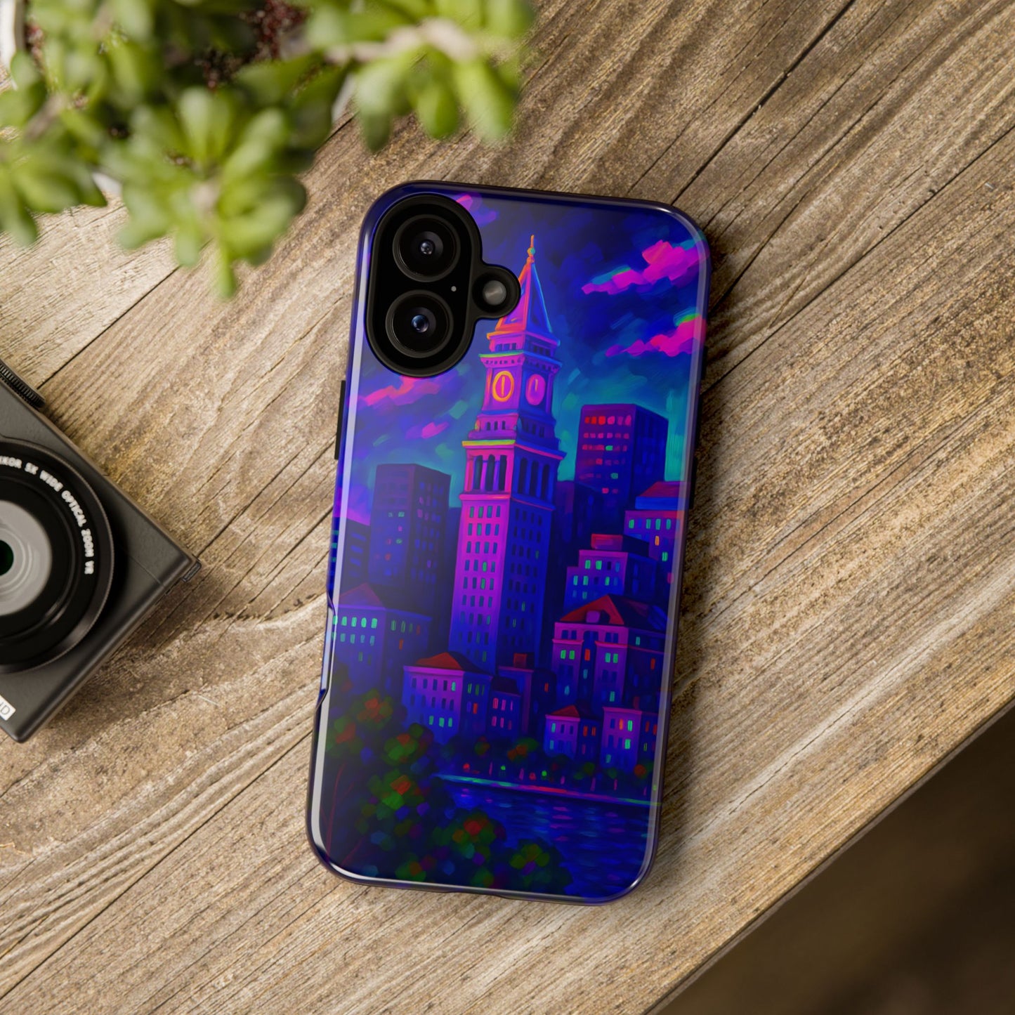 Boston Cityscape Tough Phone Case, Neon Night Skyline, Sunset Tower View Watercolor Urban Art, Compatible with iPhone, Galaxy, Google Phones