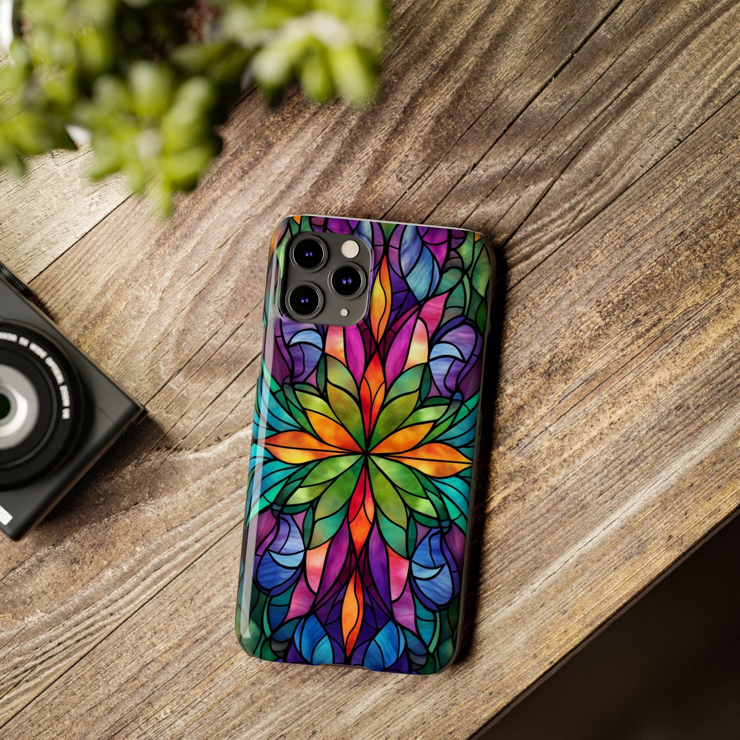 Vibrant Floral Slim Phone Cases, Colorful Cell Phone Cover, Stained Glass Design, Unique Gift for Her, Artistic Accessories, Phone Case