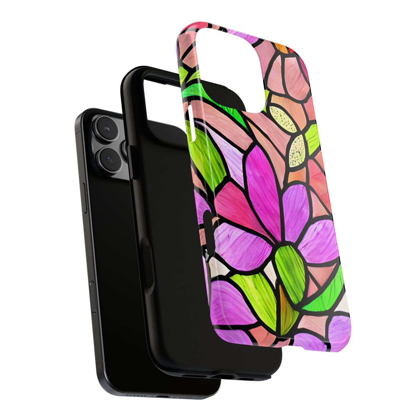Stained Glass Floral Tough Phone Case - compatible with iPhone 15 14 13 12 11 X, Samsung Galaxy, Google Pixel- Artistic Flower Pattern Cover