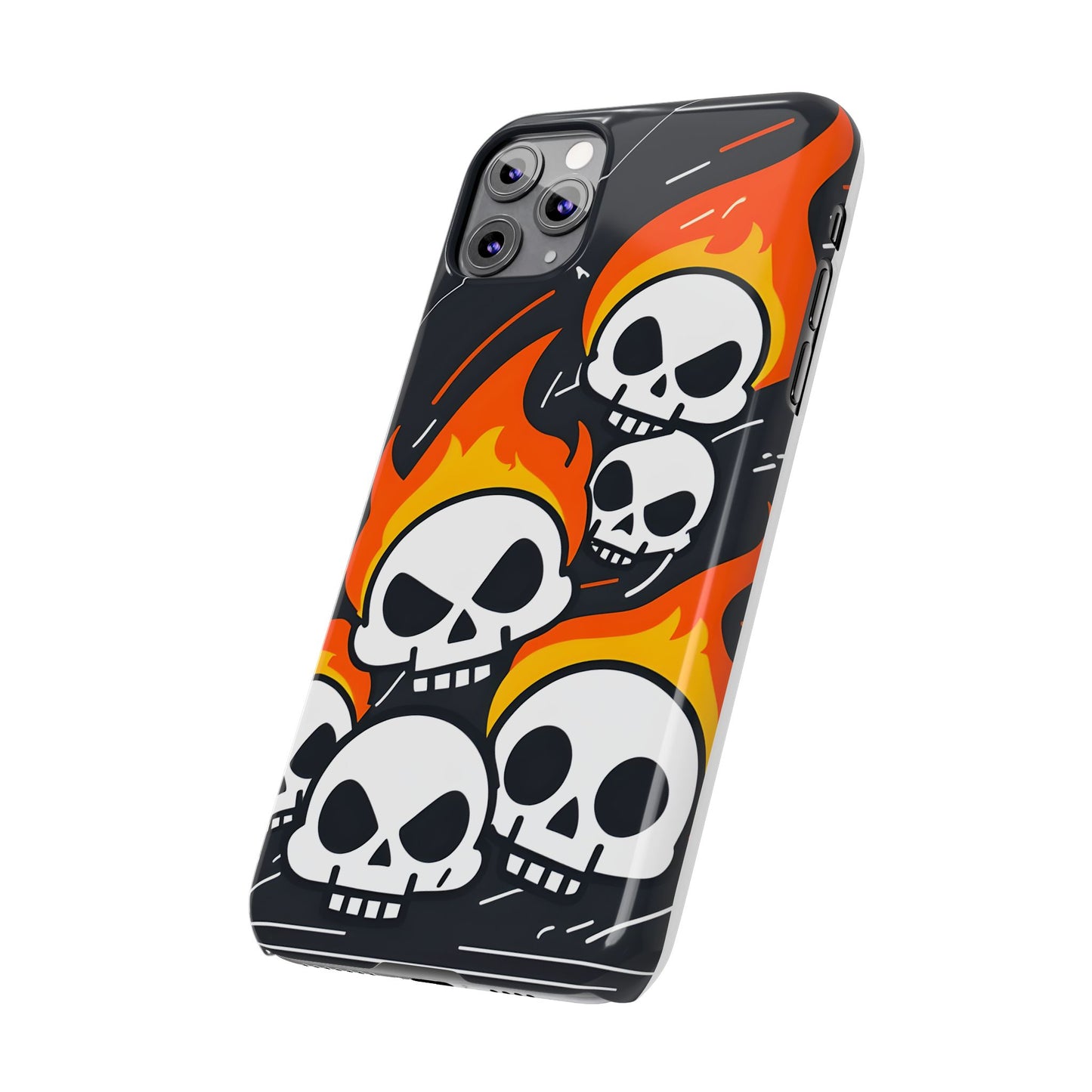 Flaming Skulls Slim Phone Case, Y2K Alt Halloween Aesthetic, Creepy Cute Cartoon Style, Stylish Music Lovers, Perfect Gift for Halloween