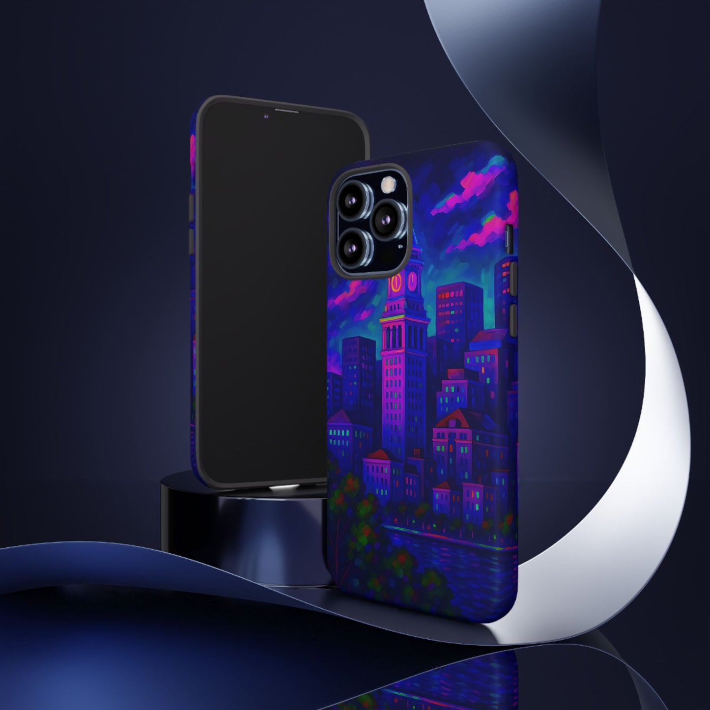 Boston Cityscape Tough Phone Case, Neon Night Skyline, Sunset Tower View Watercolor Urban Art, Compatible with iPhone, Galaxy, Google Phones