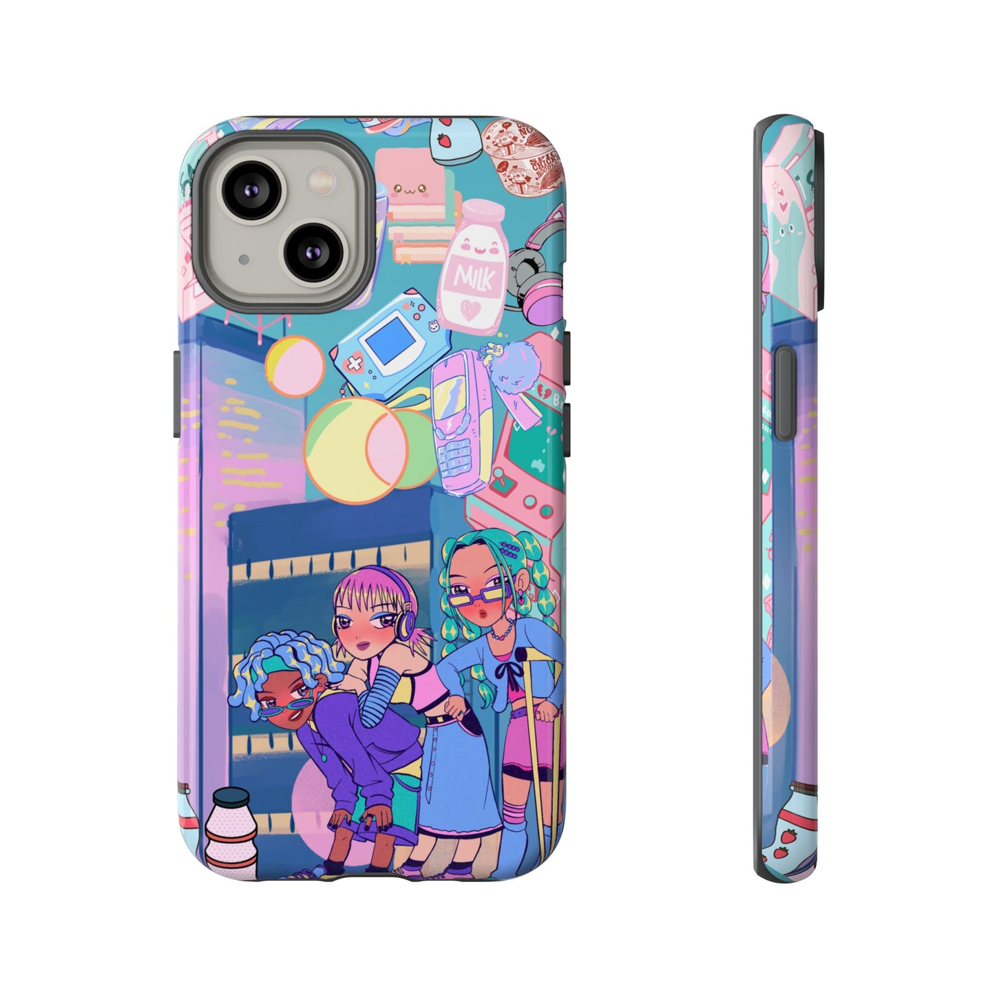 Y2K Anime Girl Tough Phone Case - Kawaii Vaporwave Style, Cute Maximalist Aesthetic, Compatible with iPhone, Galaxy, and Google Phones