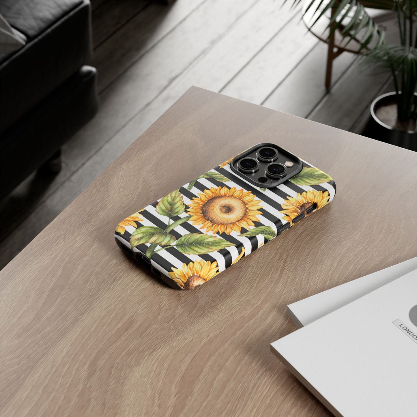 Sunflower Tough Phone Case - Bold Yellow Floral Art, Black and White Striped Aesthetic, Compatible with iPhone, Galaxy, and Google Phones