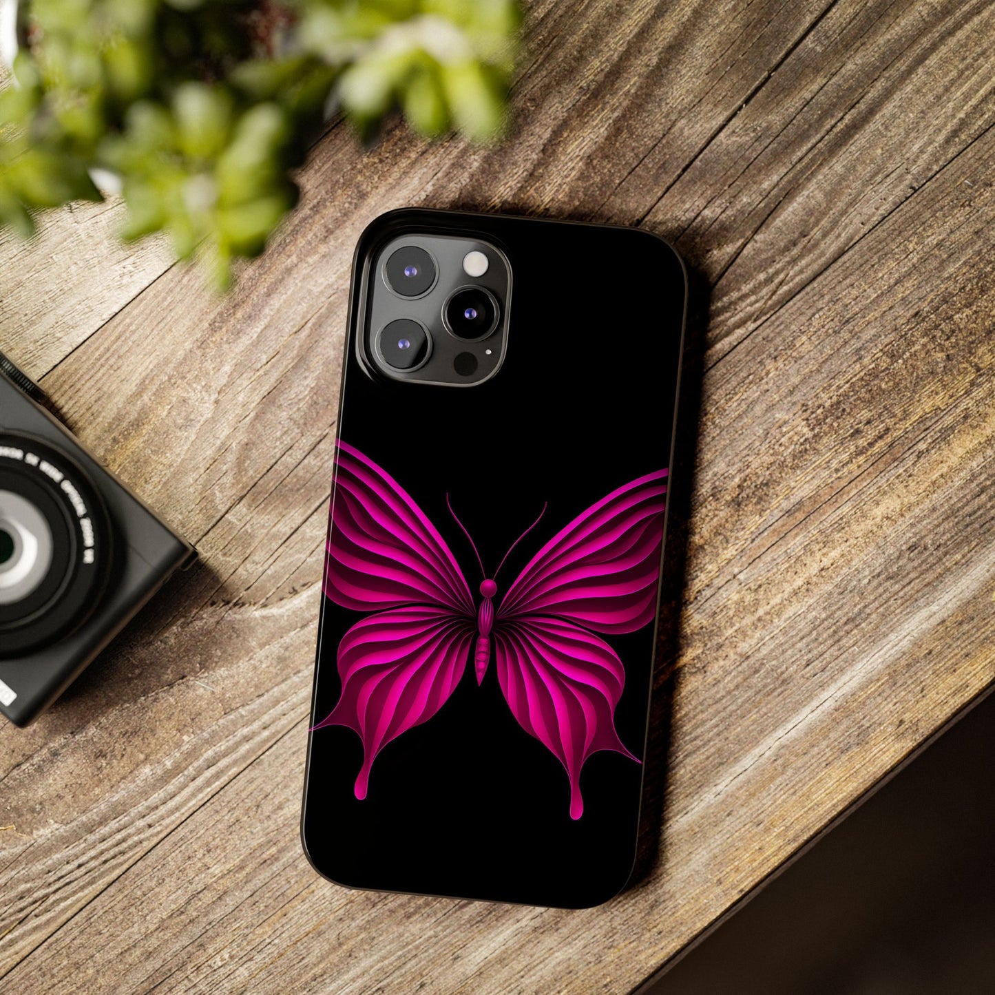 Pink Butterfly Phone Case, Elegant Insect Art, Black Aesthetic Slim Phone Case Compatible with iPhone, Galaxy, Google