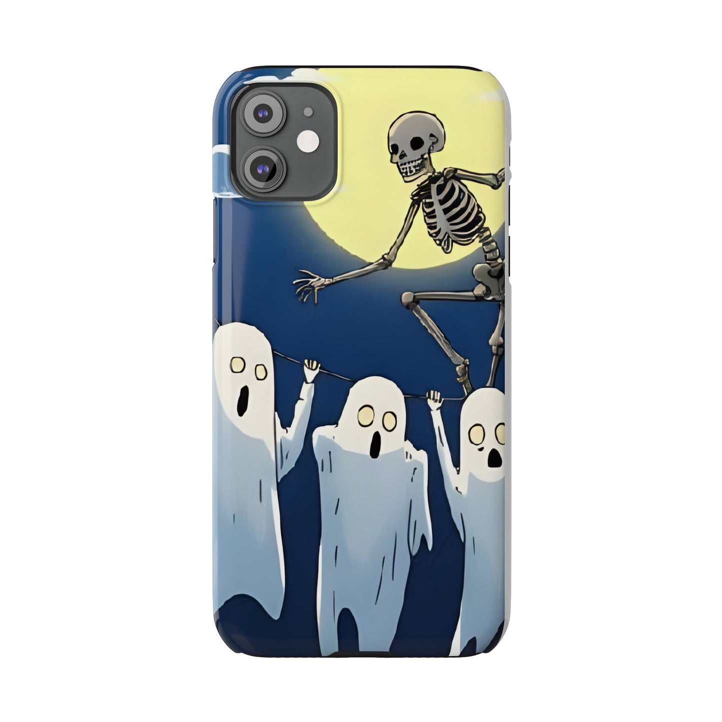 Jumping Skeleton Slim Phone Case - Halloween Aesthetic, Creepy Cute Ghost Cartoon Style, Compatible with iPhone, Galaxy, and Google Phones