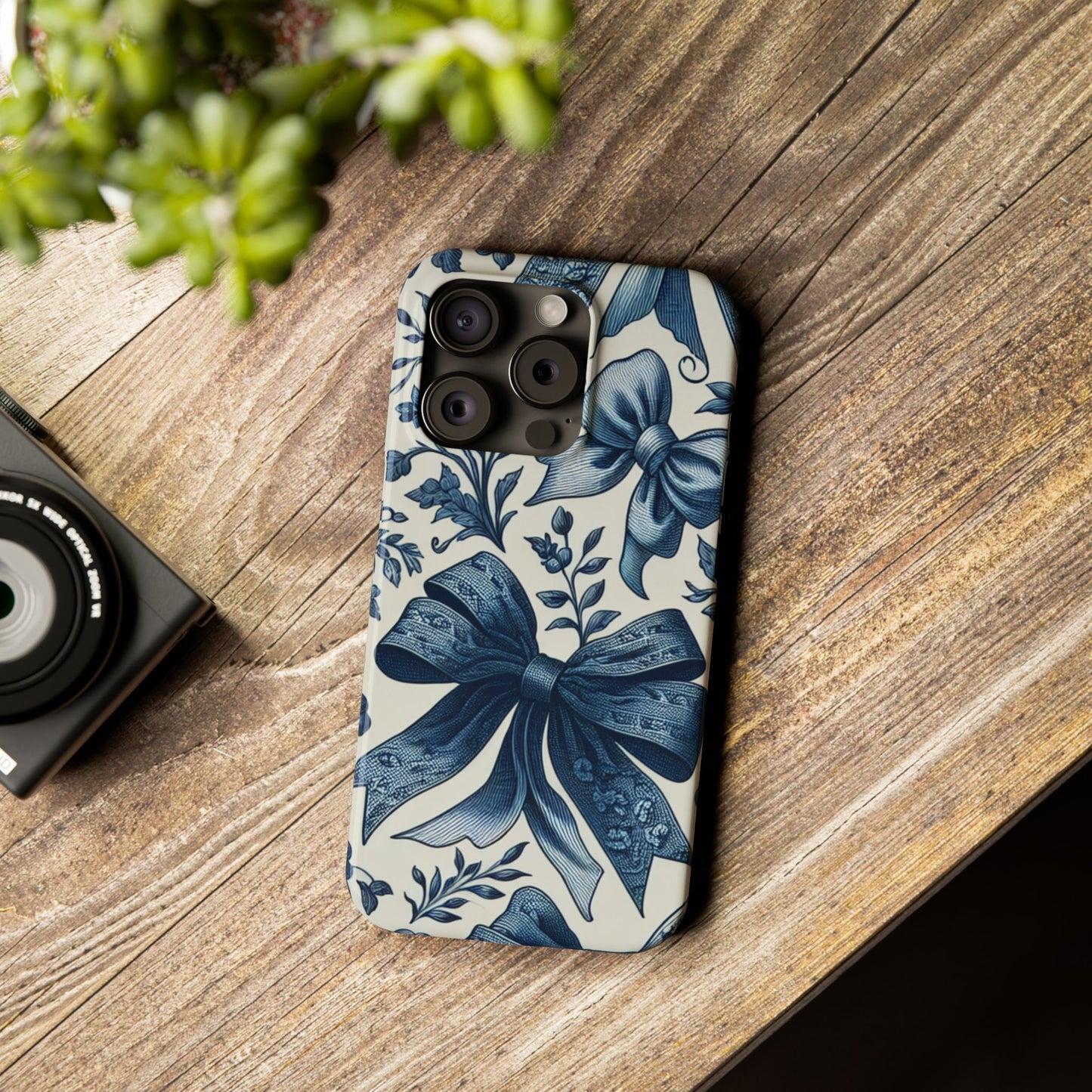 Elegant Floral Bow Slim Phone Case, Blue Flower Phone Cover, Gift for Her, Stylish Tech Accessory, Wedding Gift, Floral Design