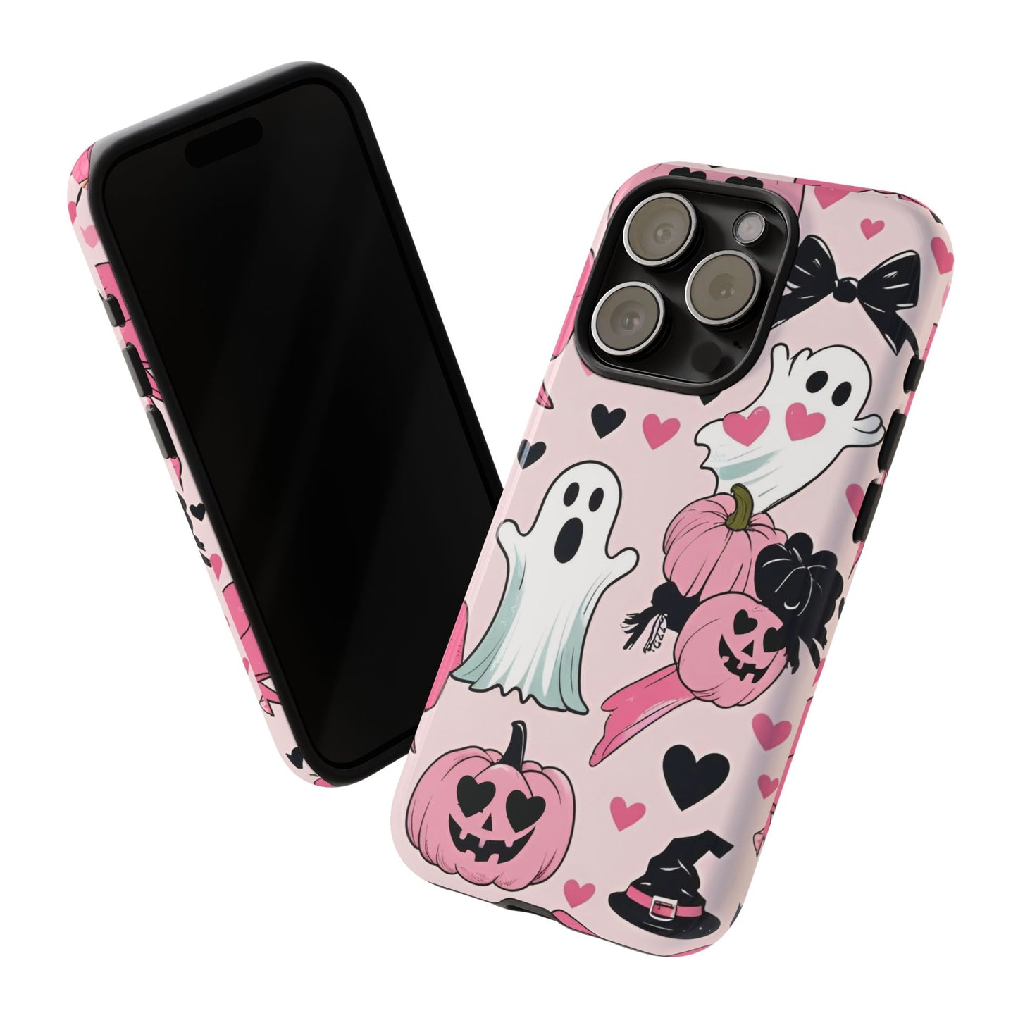 Summerween White Ghosts Phone Case, Coquette bows, hearts Phone Cover, Cute Halloween Aesthetic Case, Pink Bow Glam Girl Accessory