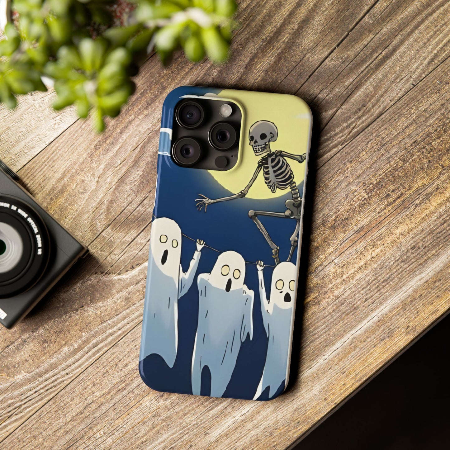 Jumping Skeleton Slim Phone Case - Halloween Aesthetic, Creepy Cute Ghost Cartoon Style, Compatible with iPhone, Galaxy, and Google Phones