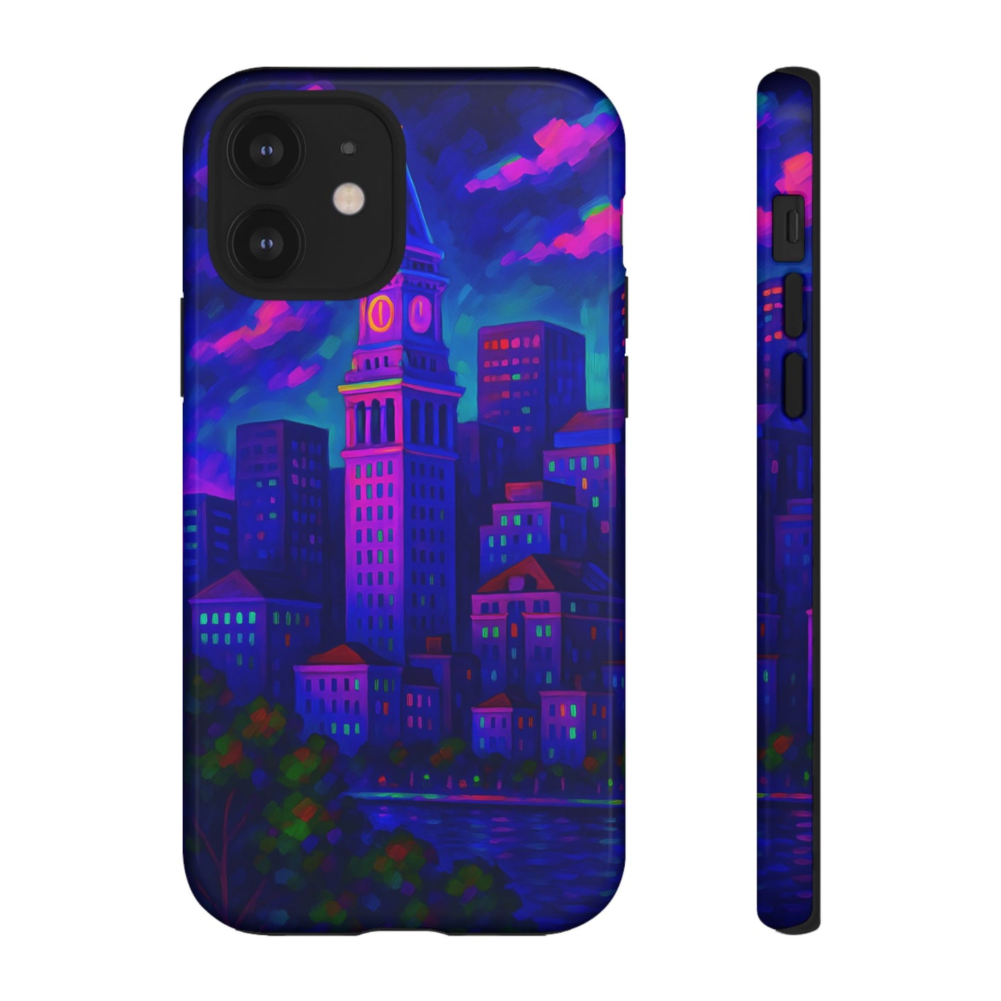 Boston Cityscape Tough Phone Case, Neon Night Skyline, Sunset Tower View Watercolor Urban Art, Compatible with iPhone, Galaxy, Google Phones