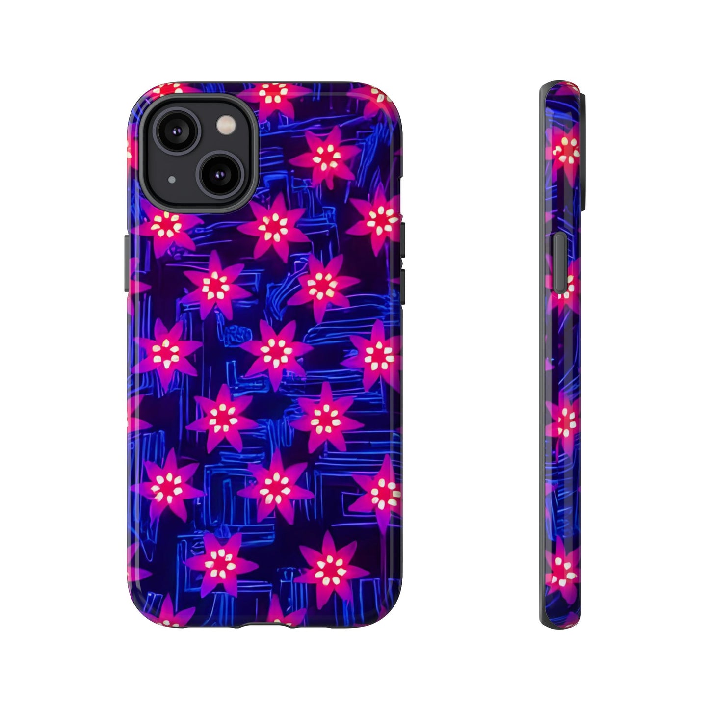 Neon Flower Tough Phone Case - Trippy Dark Floral Art, Electric Glow Aesthetic, Compatible with iPhone, Galaxy, and Google Phones
