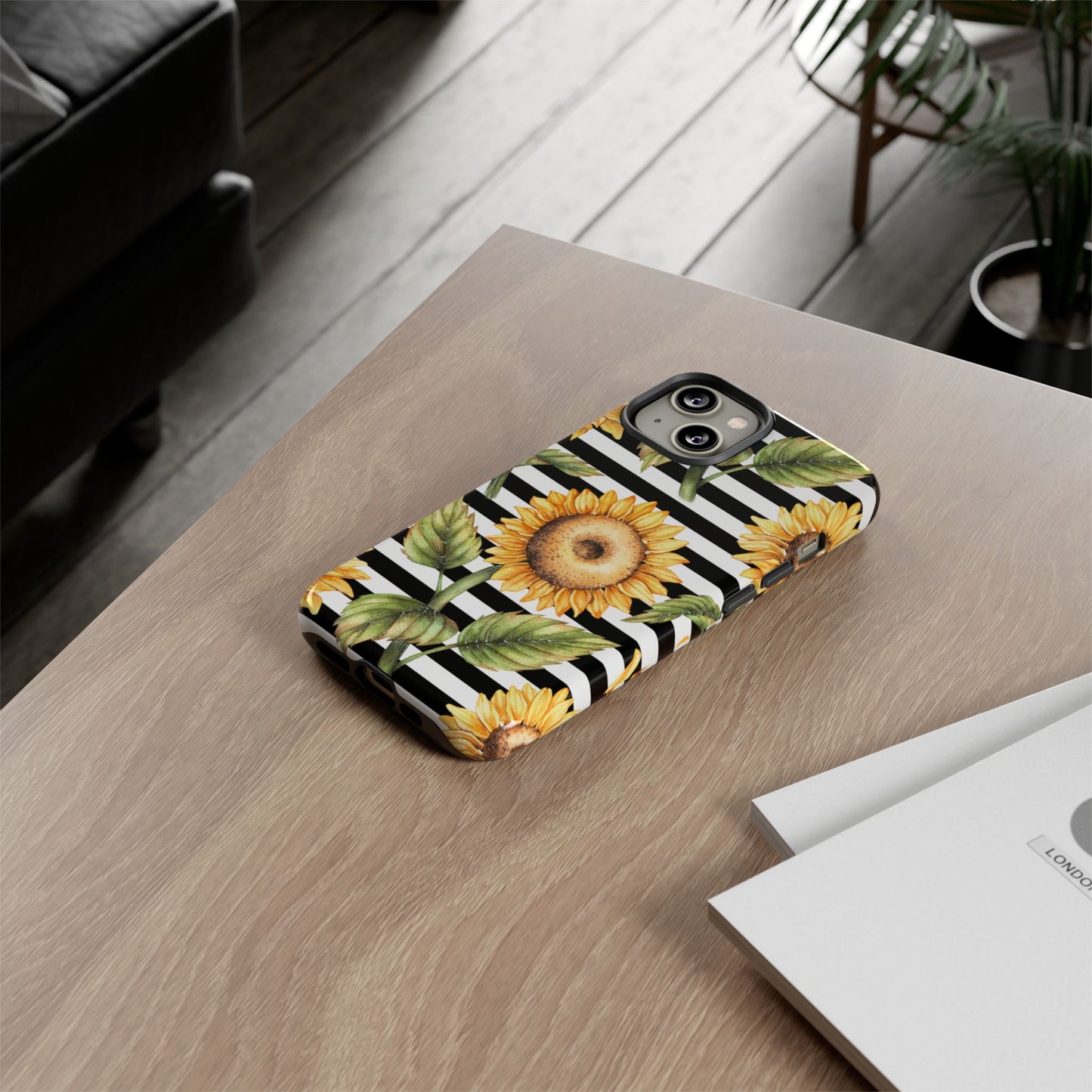 Sunflower Tough Phone Case - Bold Yellow Floral Art, Black and White Striped Aesthetic, Compatible with iPhone, Galaxy, and Google Phones