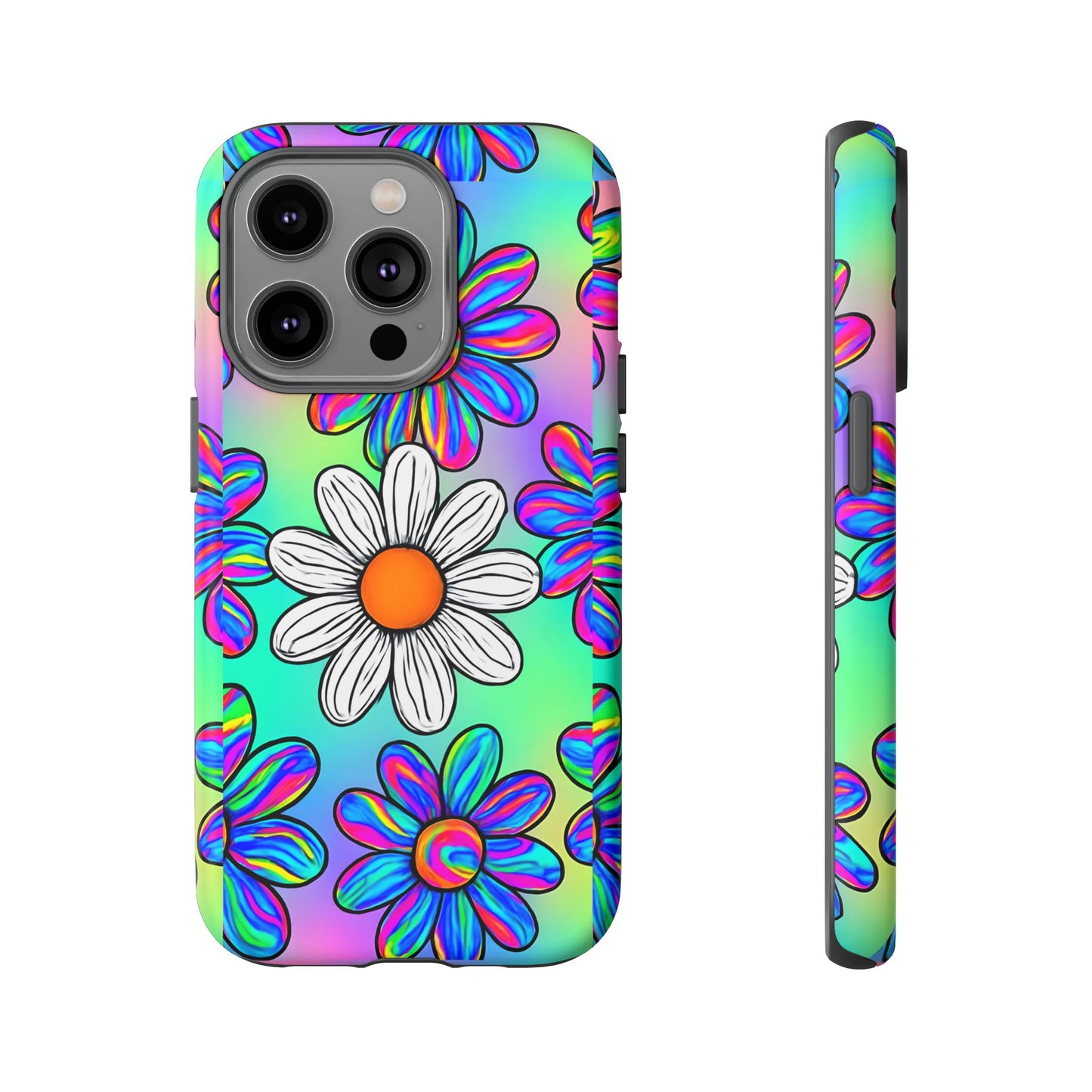 Trippy Daisy Tough Phone Case - Psychedelic Floral Design, Colorful Retro Aesthetic, Compatible with iPhone, Galaxy, and Google Phones