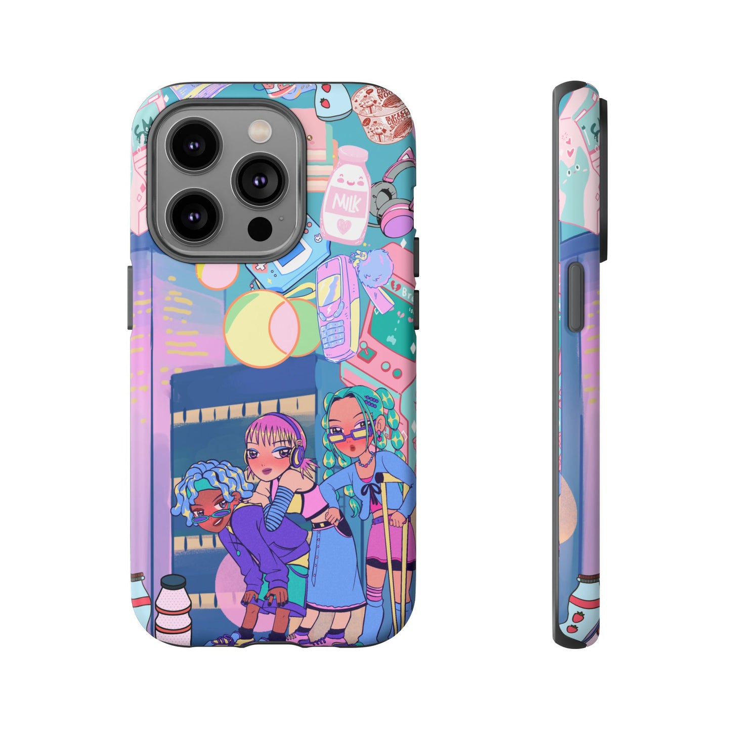 Y2K Anime Girl Tough Phone Case - Kawaii Vaporwave Style, Cute Maximalist Aesthetic, Compatible with iPhone, Galaxy, and Google Phones
