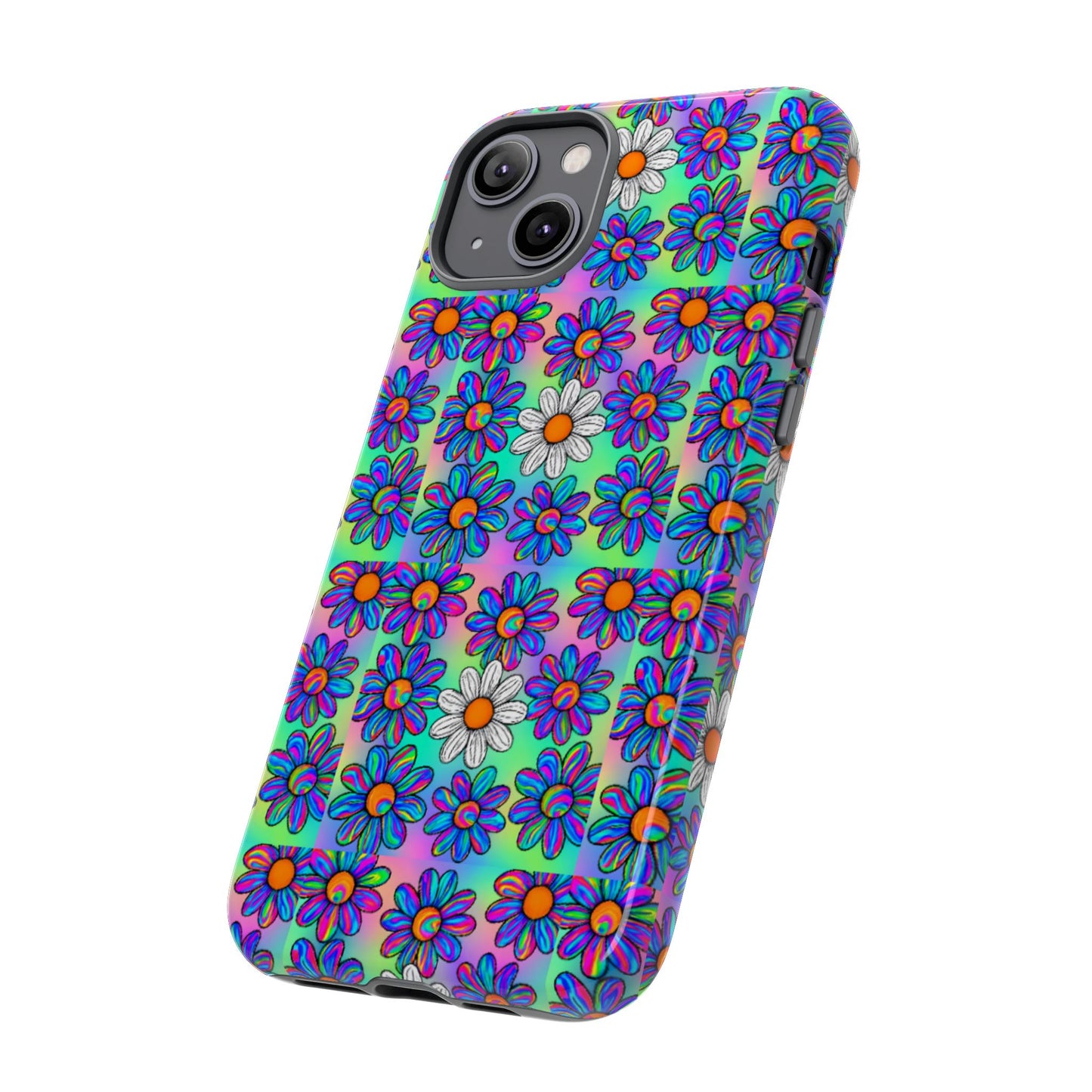 Trippy Daisy Tough Phone Case - Psychedelic Floral Aesthetic, Colorful Groovy Design, Compatible with iPhone, Galaxy, and Google Phones