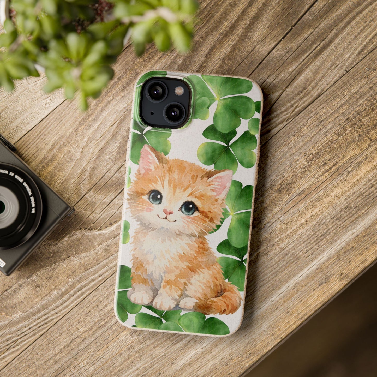 Ginger Kitten Biodegradable Phone Case, St Patricks Day Cat Art with Shamrocks, Irish Cat Gift Compatible with iPhone