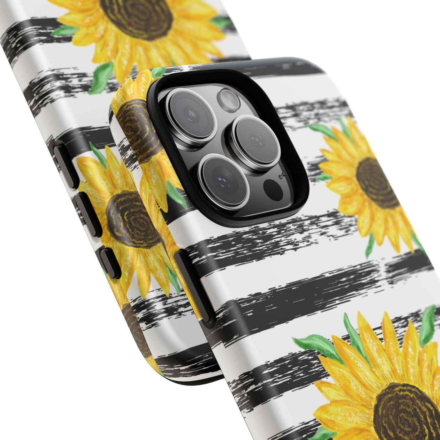 Sunflower Tough Phone Case - Bright Yellow Floral Art, Black and White Striped Aesthetic, Compatible with iPhone, Galaxy, and Google Phones