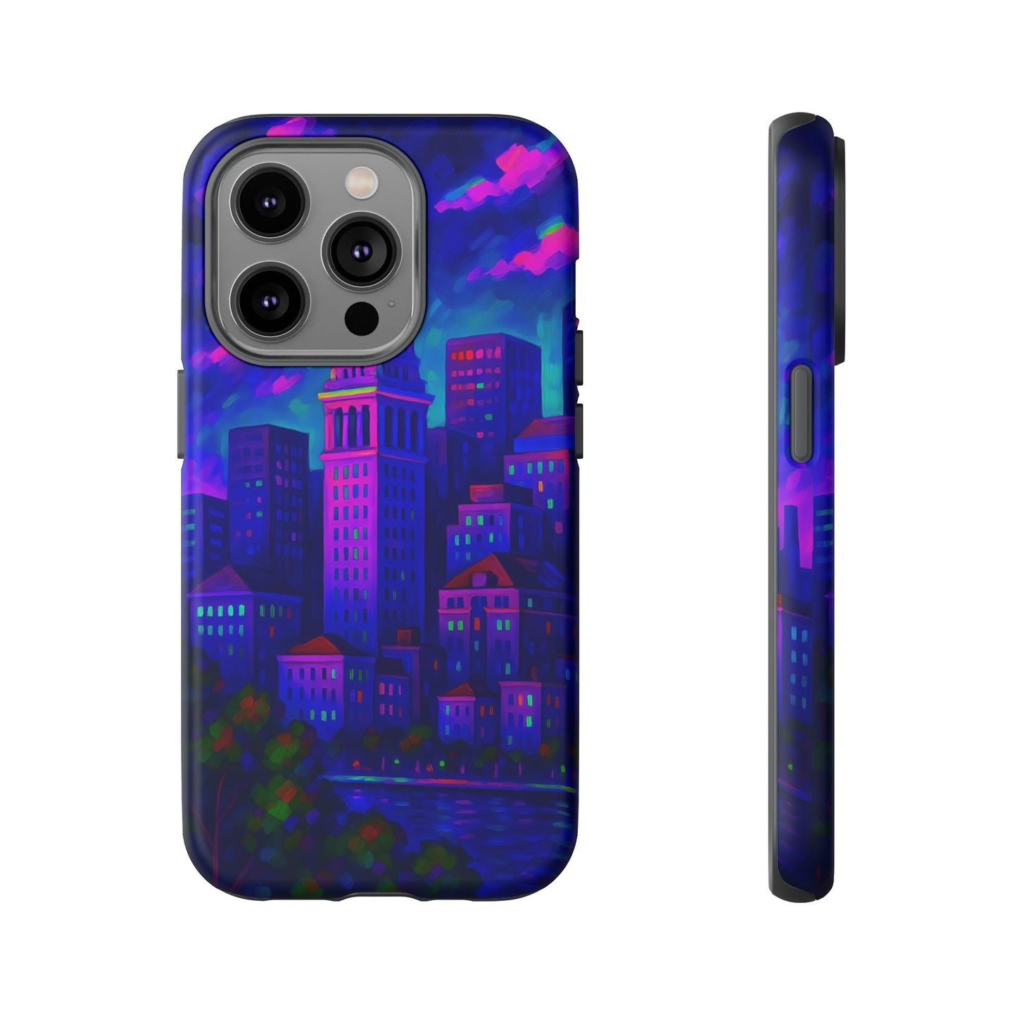 Boston Cityscape Tough Phone Case, Neon Night Skyline, Sunset Tower View Watercolor Urban Art, Compatible with iPhone, Galaxy, Google Phones