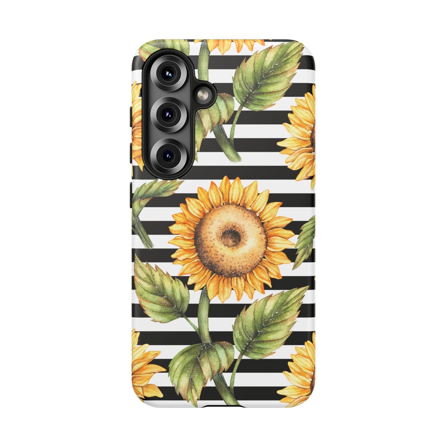 Sunflower Tough Phone Case - Bold Yellow Floral Art, Black and White Striped Aesthetic, Compatible with iPhone, Galaxy, and Google Phones