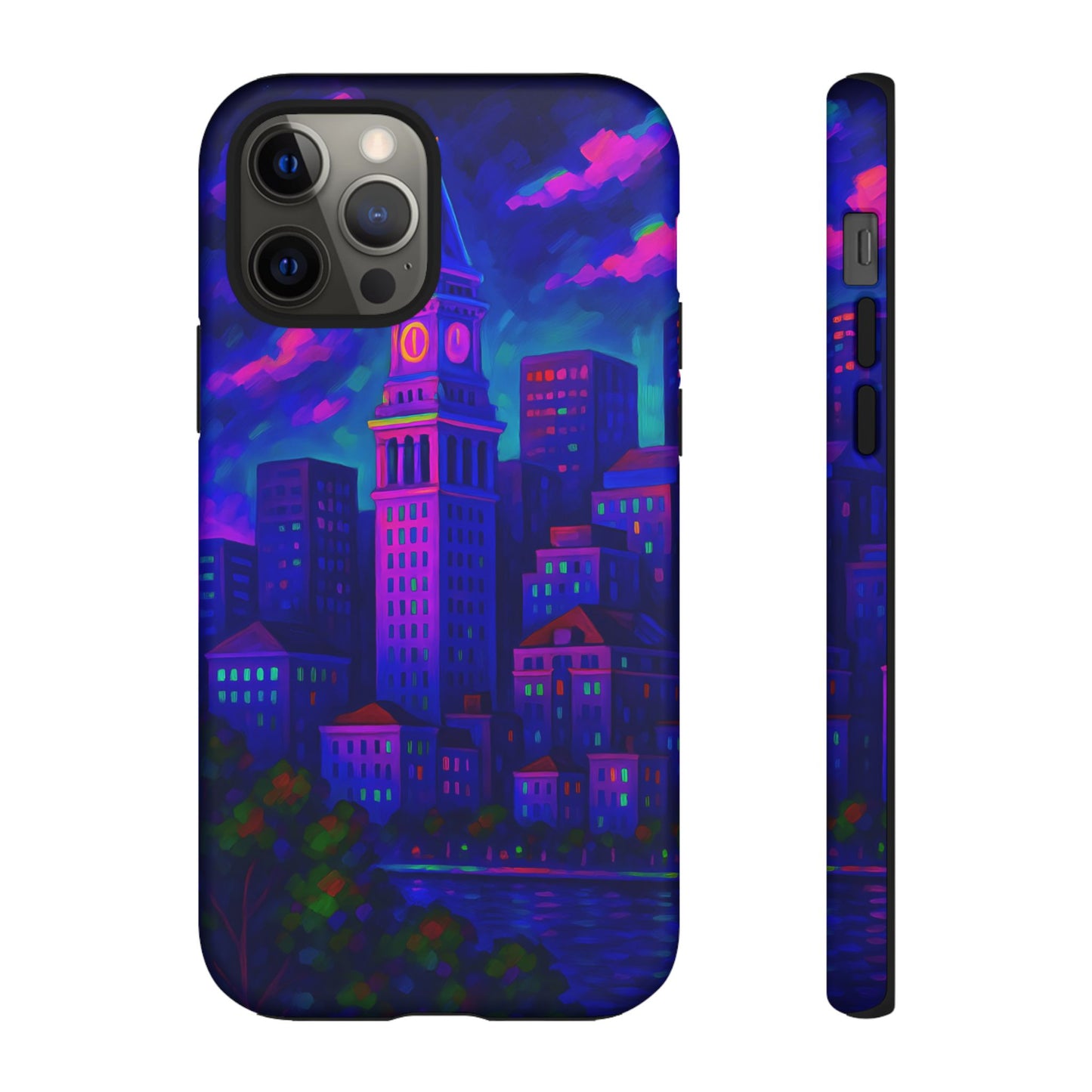 Boston Cityscape Tough Phone Case, Neon Night Skyline, Sunset Tower View Watercolor Urban Art, Compatible with iPhone, Galaxy, Google Phones
