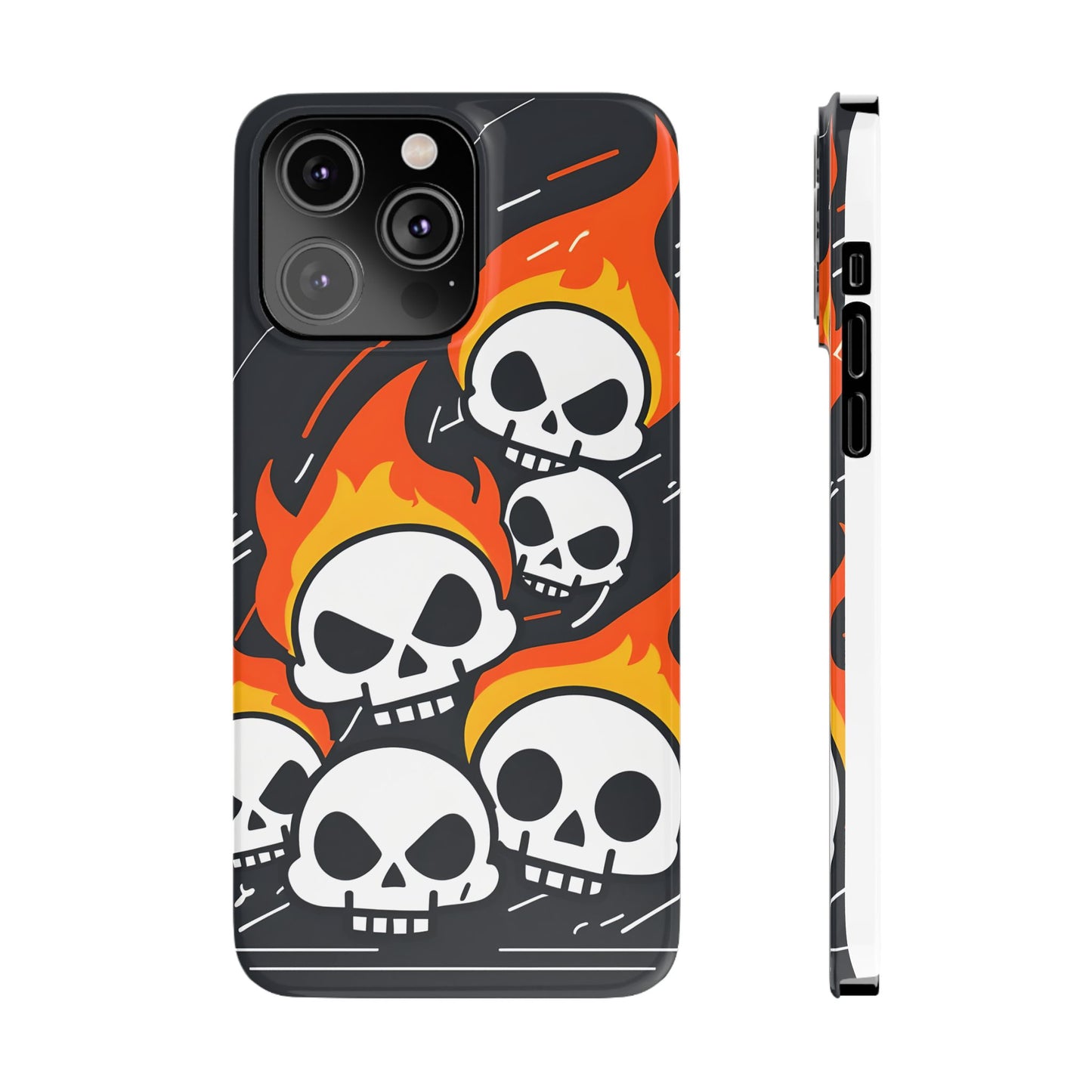 Flaming Skulls Slim Phone Case, Y2K Alt Halloween Aesthetic, Creepy Cute Cartoon Style, Stylish Music Lovers, Perfect Gift for Halloween