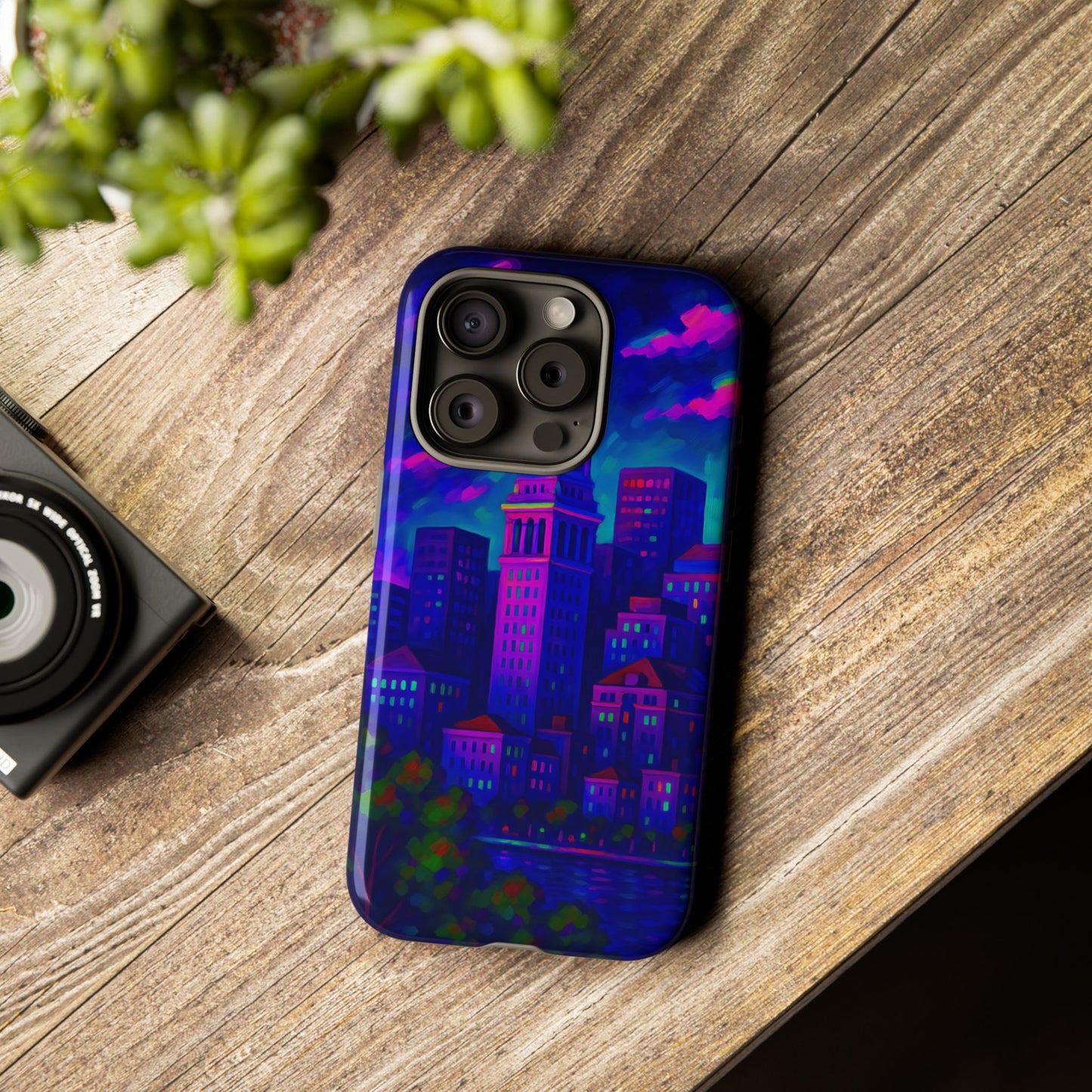 Boston Cityscape Tough Phone Case, Neon Night Skyline, Sunset Tower View Watercolor Urban Art, Compatible with iPhone, Galaxy, Google Phones
