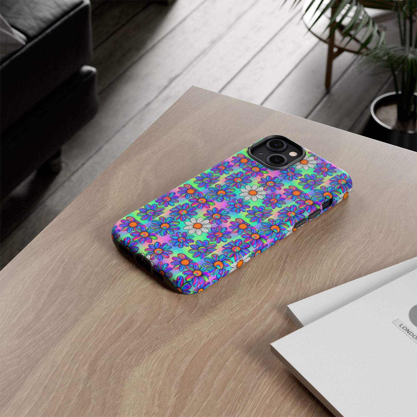 Trippy Daisy Tough Phone Case - Psychedelic Floral Aesthetic, Colorful Groovy Design, Compatible with iPhone, Galaxy, and Google Phones