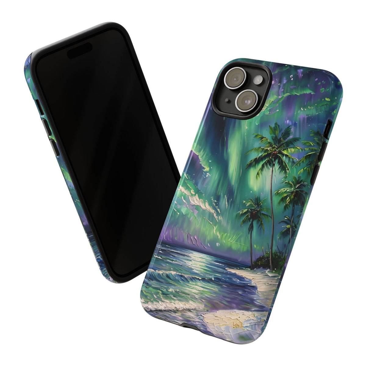 Tropical Beach Scenery Tough Phone Case, Oil Painting, Northern Lights Compatible with iPhone 17, 16, 15, 14, 13, Galaxy, Google