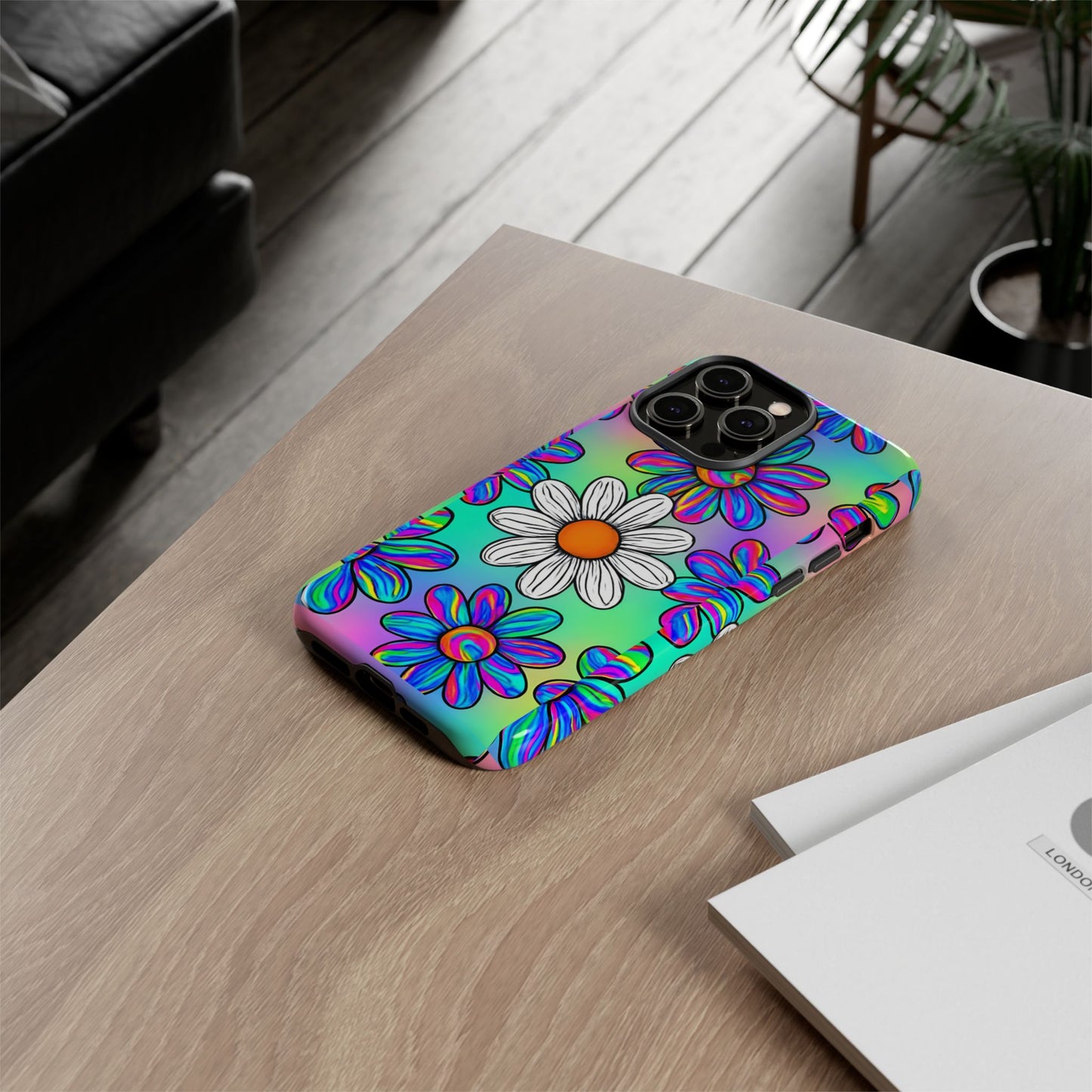 Trippy Daisy Tough Phone Case - Psychedelic Floral Design, Colorful Retro Aesthetic, Compatible with iPhone, Galaxy, and Google Phones