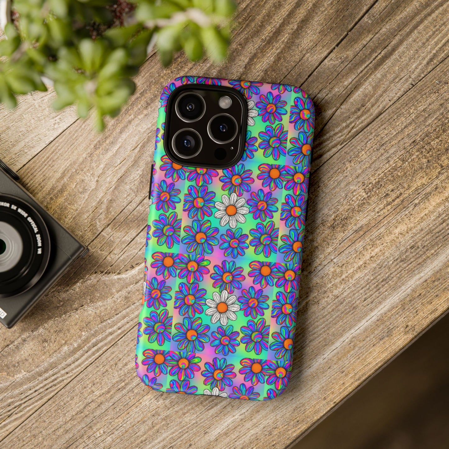 Trippy Daisy Tough Phone Case - Psychedelic Floral Aesthetic, Colorful Groovy Design, Compatible with iPhone, Galaxy, and Google Phones