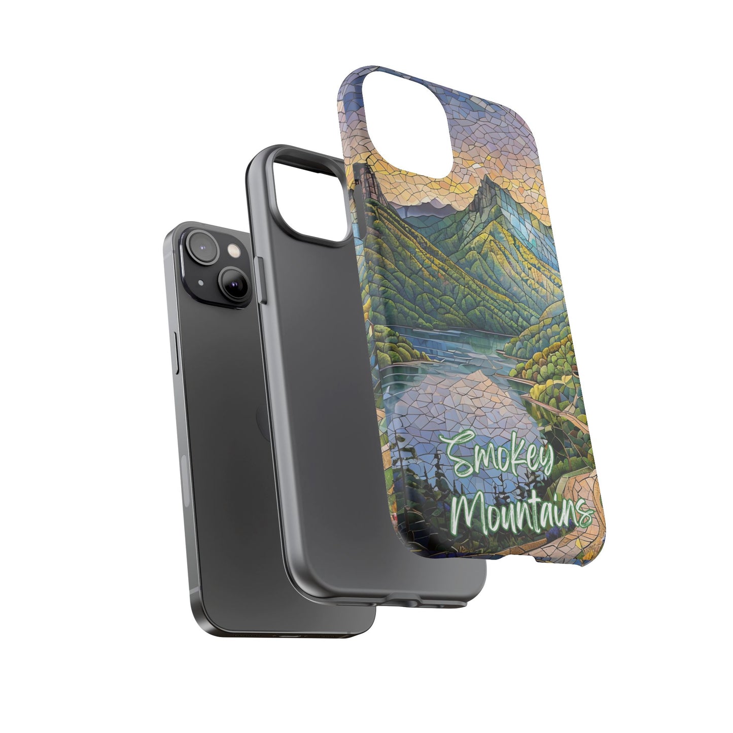 Great Smoky Mountains Mosaic Tough Phone Case Misty Mountain Forest Art, Nature Aesthetic, Compatible with iPhone, Galaxy, and Google Phones