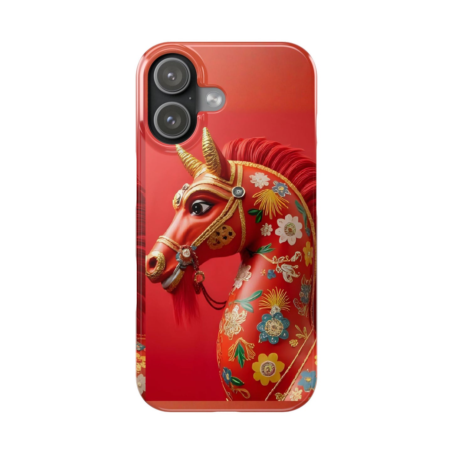 Year of the Horse Floral Art Slim Phone Case, Chinese Zodiac 2026 Design, compatible with iPhone 17 16 15 14 13 12 11