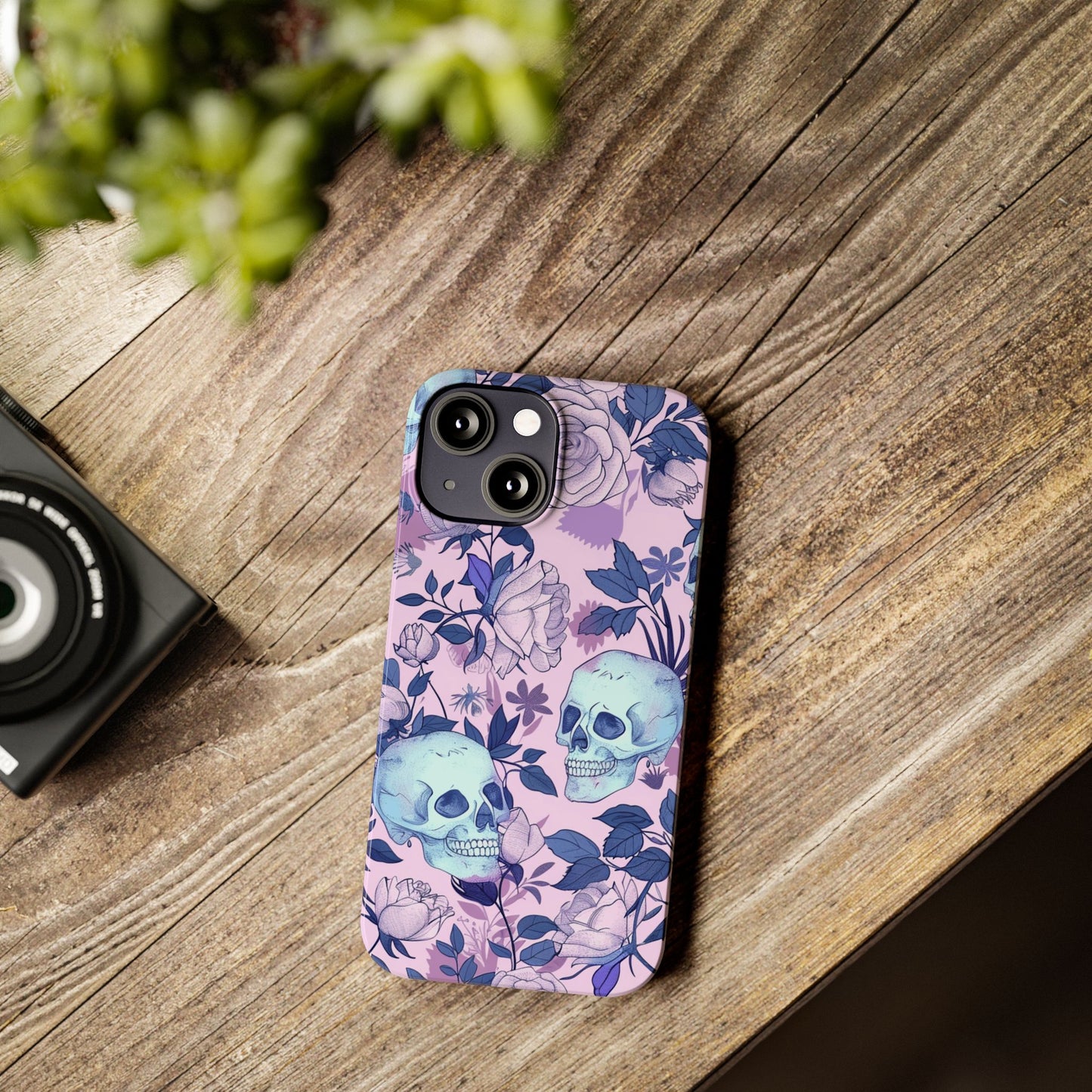 Floral Skull Slim Phone Case - Aesthetic, Trendy, Gift for Goth Lovers, Unique Phone Accessories, Floral Print, Halloween Decor