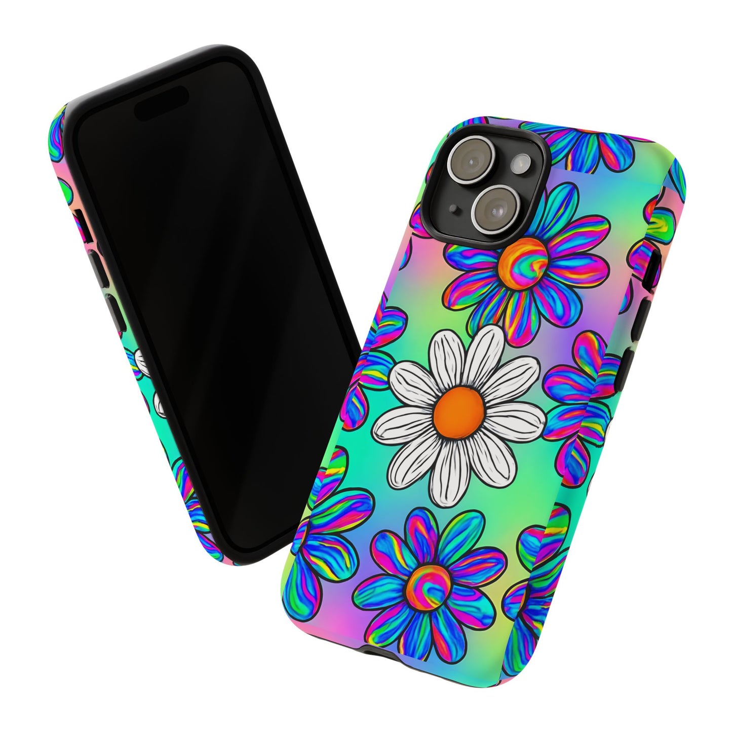 Trippy Daisy Tough Phone Case - Psychedelic Floral Design, Colorful Retro Aesthetic, Compatible with iPhone, Galaxy, and Google Phones