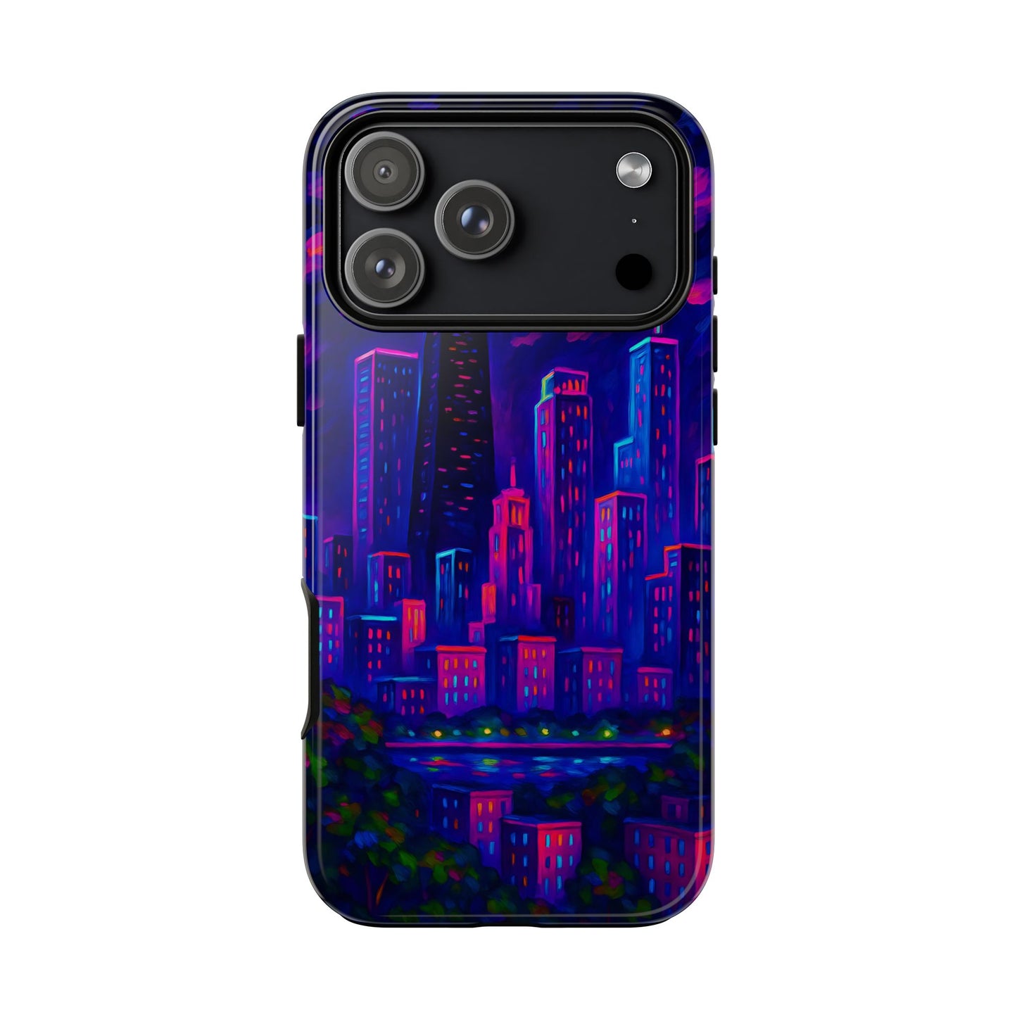 Cityscape Tough Phone Case, Chicago Skyline Phone Cover, Neon Night Design Compatible with iPhone, Galaxy & Google