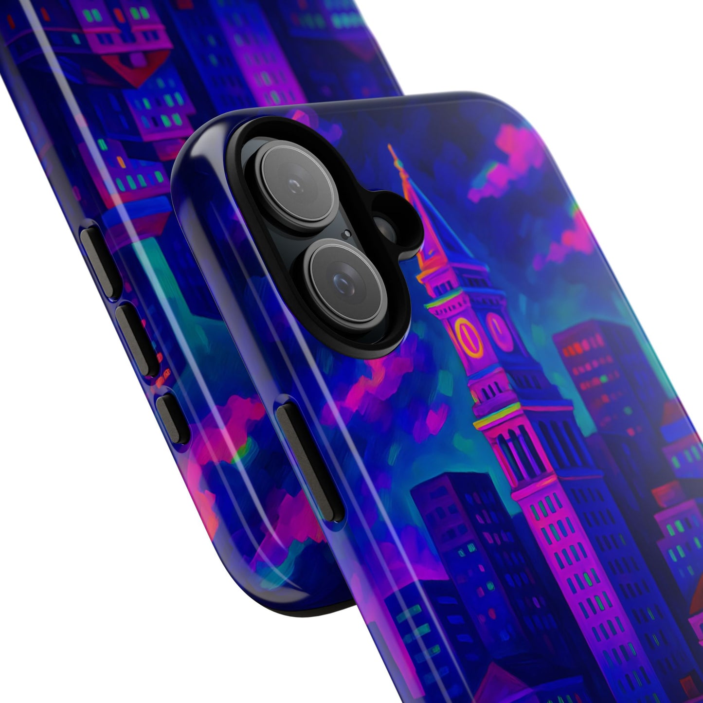 Boston Cityscape Tough Phone Case, Neon Night Skyline, Sunset Tower View Watercolor Urban Art, Compatible with iPhone, Galaxy, Google Phones