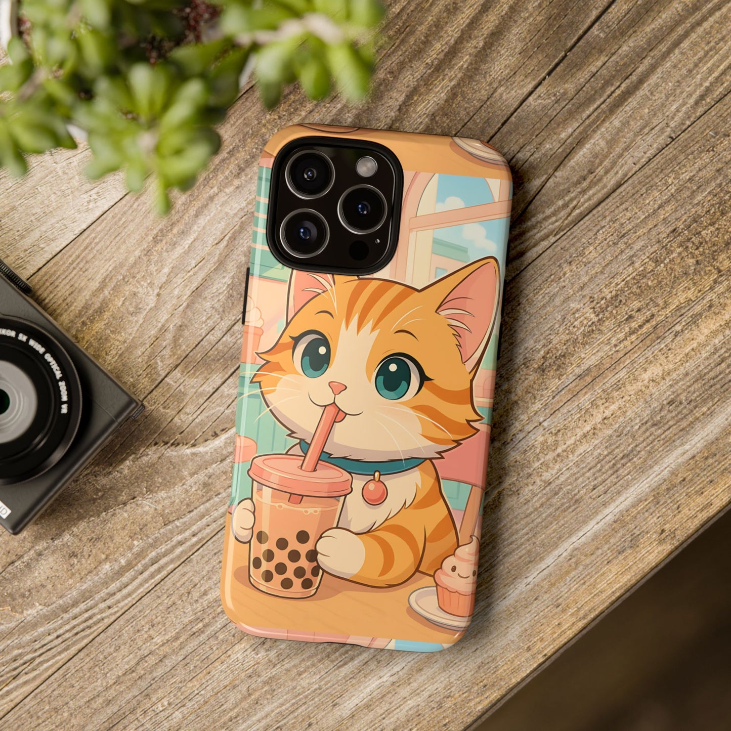 Boba Cat Tough Phone Case - Kawaii Bubble Tea Anime Kitty, Pastel Cafe Aesthetic Gift, Compatible with iPhone, Galaxy, and Google Phones