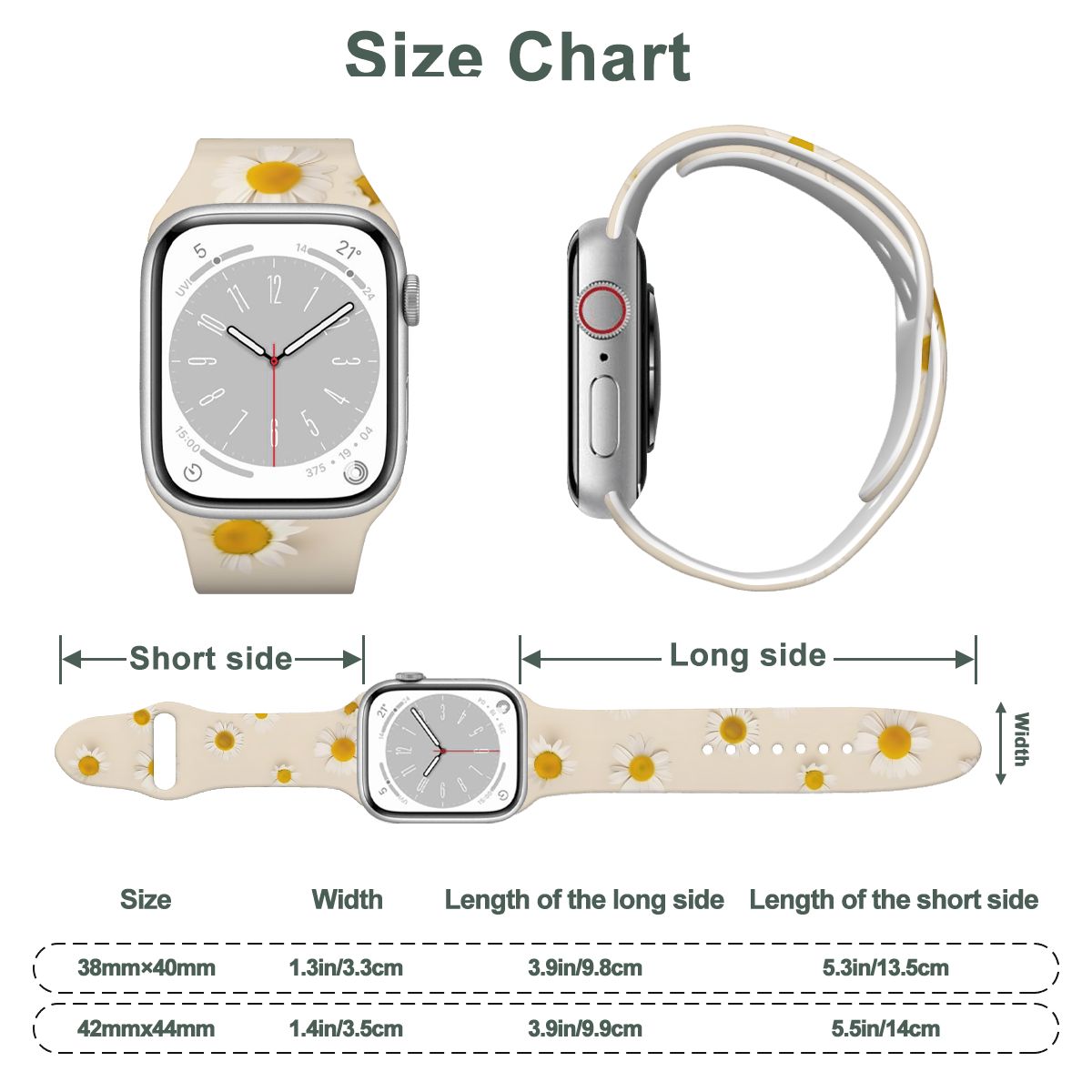 Floral Apple Watch strap on wrist – A pastel lavender daisy strap styled on the wrist, showing its soft, flexible silicone and feminine spring-inspired charm.